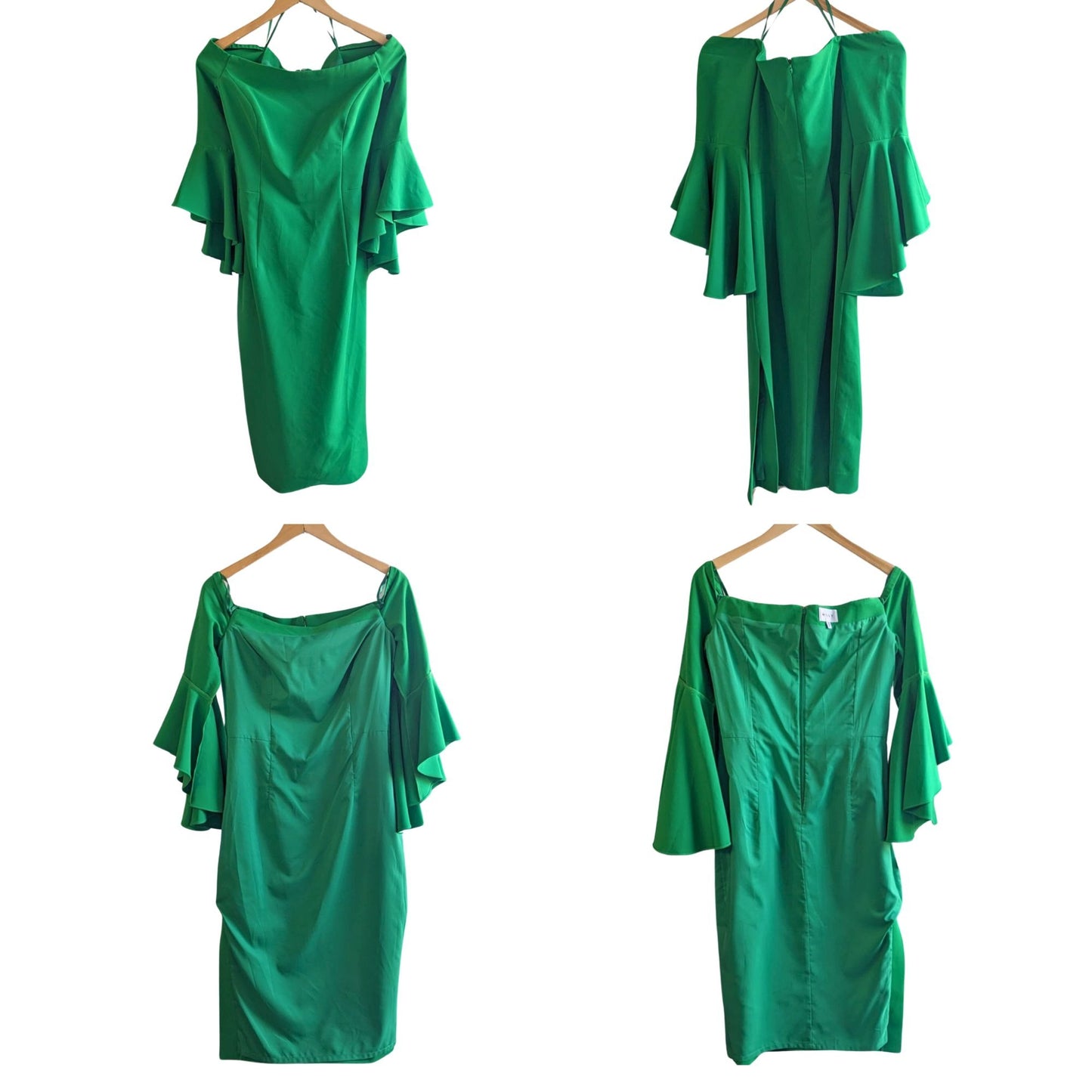 Viral MILLY Selena in Rare Kelly Green Off Shoulder Bell Sleeve Slit Dress Sz 10