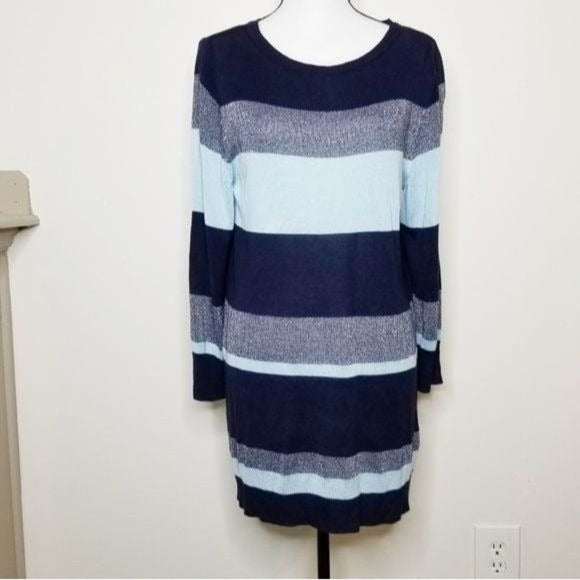 SIMPLY EMMA Blue & Silver Striped Metallic Lurex Sweater Tunic Lightweight Sz 1X