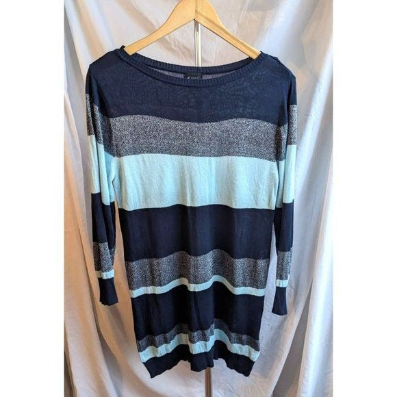 SIMPLY EMMA Blue & Silver Striped Metallic Lurex Sweater Tunic Lightweight Sz 1X