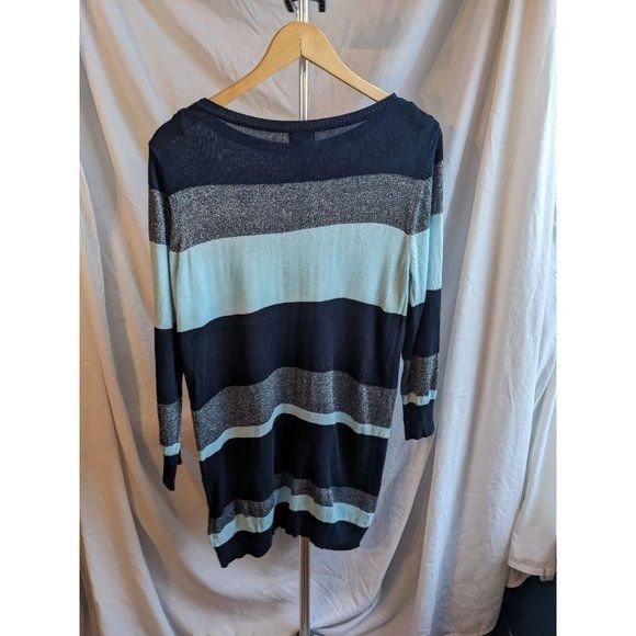 SIMPLY EMMA Blue & Silver Striped Metallic Lurex Sweater Tunic Lightweight Sz 1X