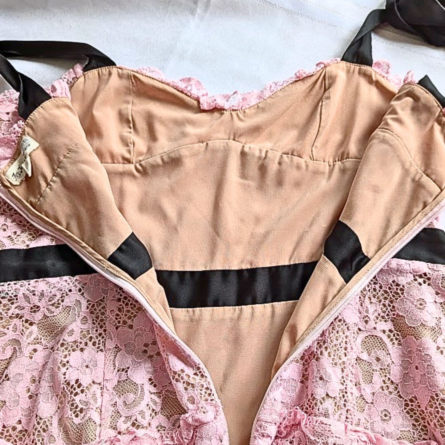 FOR LOVE AND LEMONS Iris CD1848 Pink Black Lace Hi Low Midi Dress Sz M