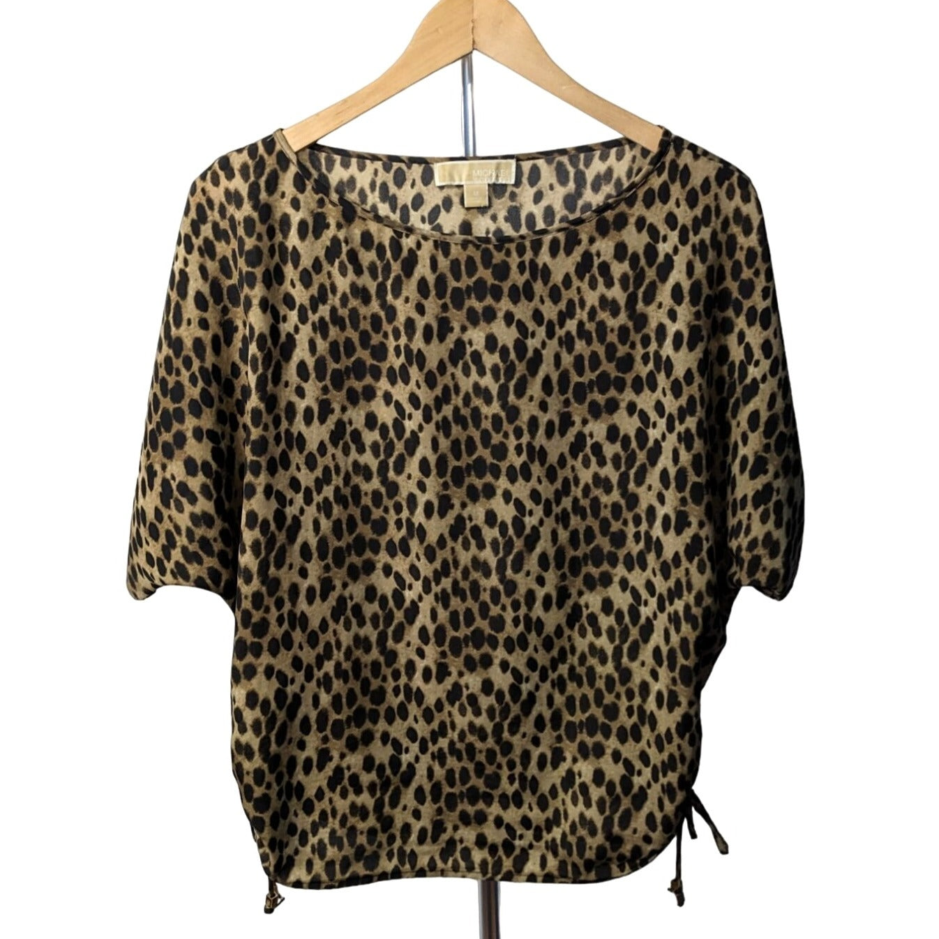 MICHAEL Michael Kors Tan Leopard Print Loose Drop Sleeve Blouse w/Tassels Size M