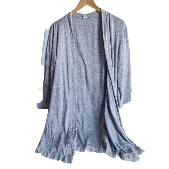 EBERJEY 100% Cotton Gray Eyelet & Lace Open Cardigan Coquette Cozy Size L