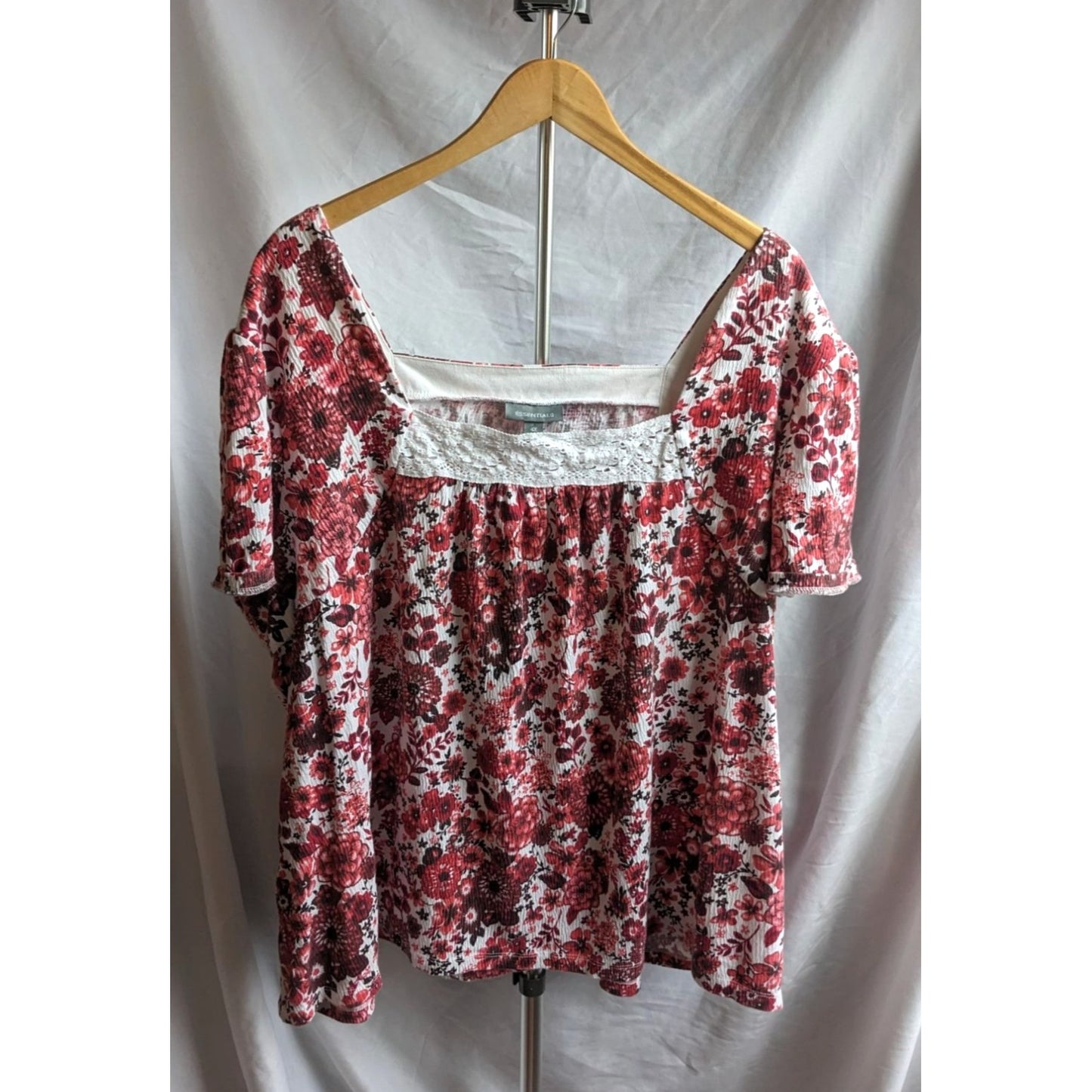 Vintage 90s ESSENTIALS Red Floral Peasant Top Lace Cap Sleeves Sq.Neck Size 4X
