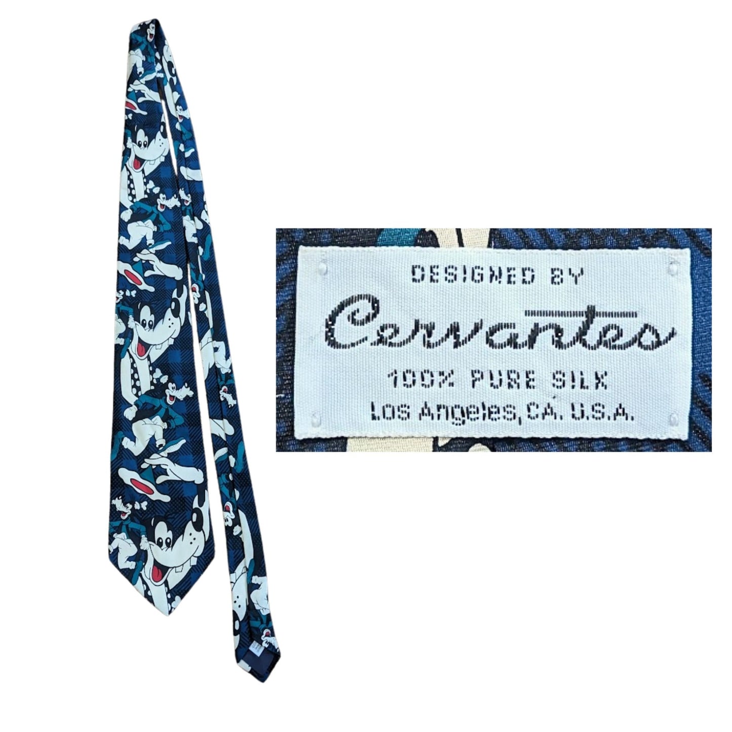Vintage DISNEY CERVANTES 100% Silk Goofy Blue Tie