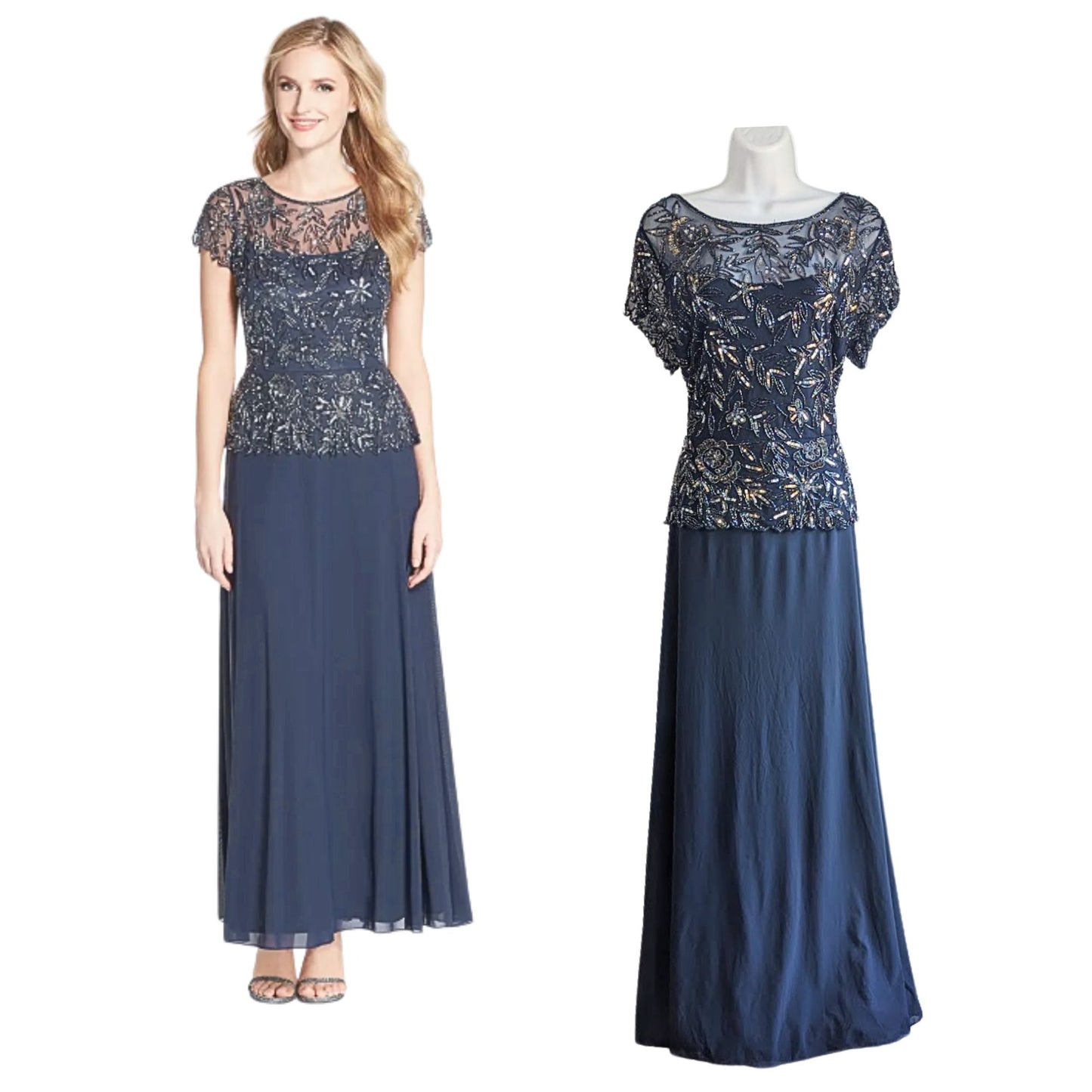 NWT PISARRO NIGHTS Slate Navy Beaded Mesh Mock Two-Piece Sequined Gown Size 12