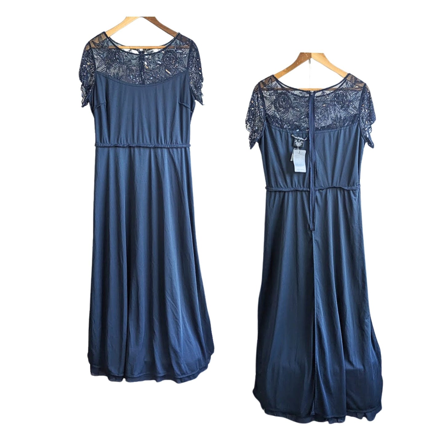 NWT PISARRO NIGHTS Slate Navy Beaded Mesh Mock Two-Piece Sequined Gown Size 12