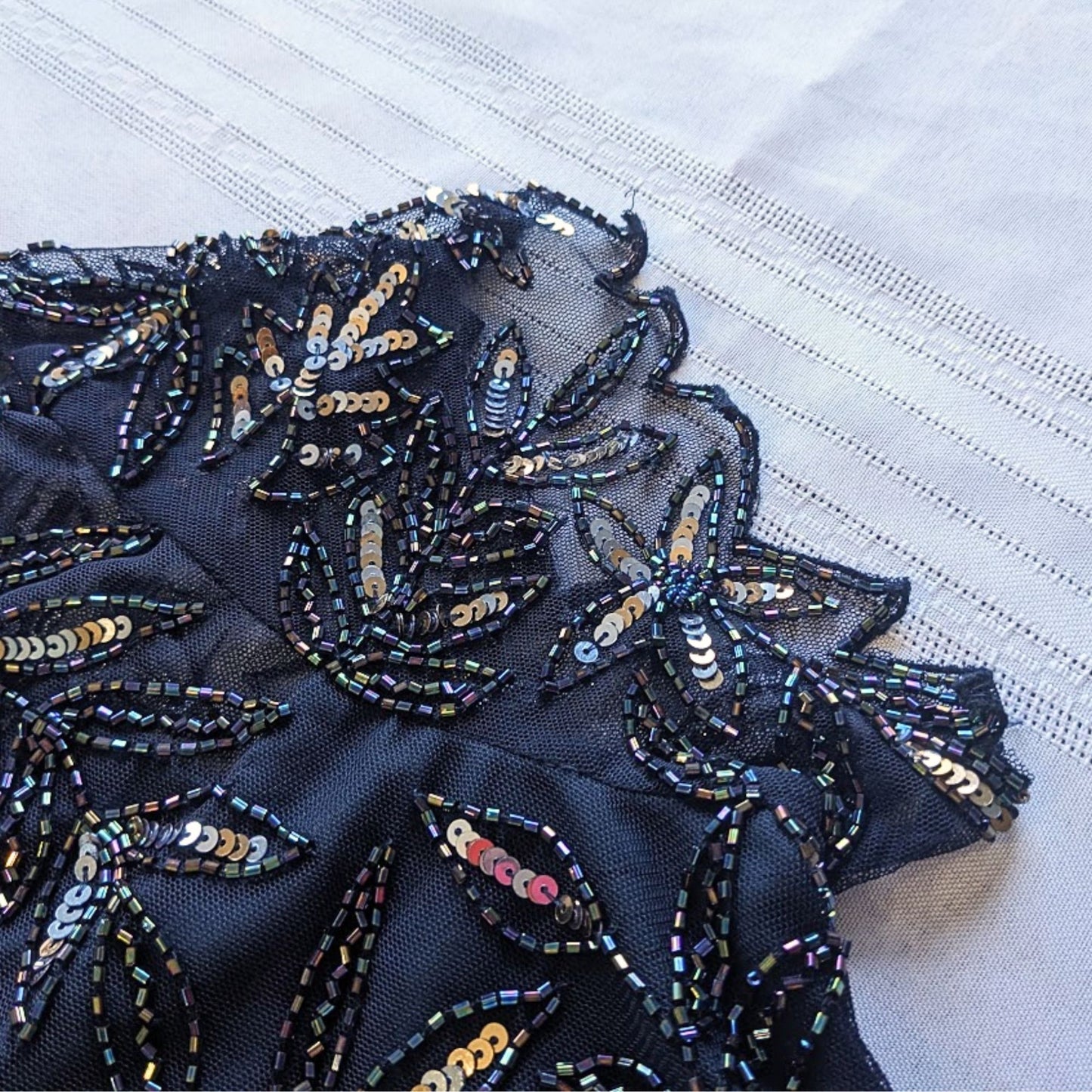 NWT PISARRO NIGHTS Slate Navy Beaded Mesh Mock Two-Piece Sequined Gown Size 12