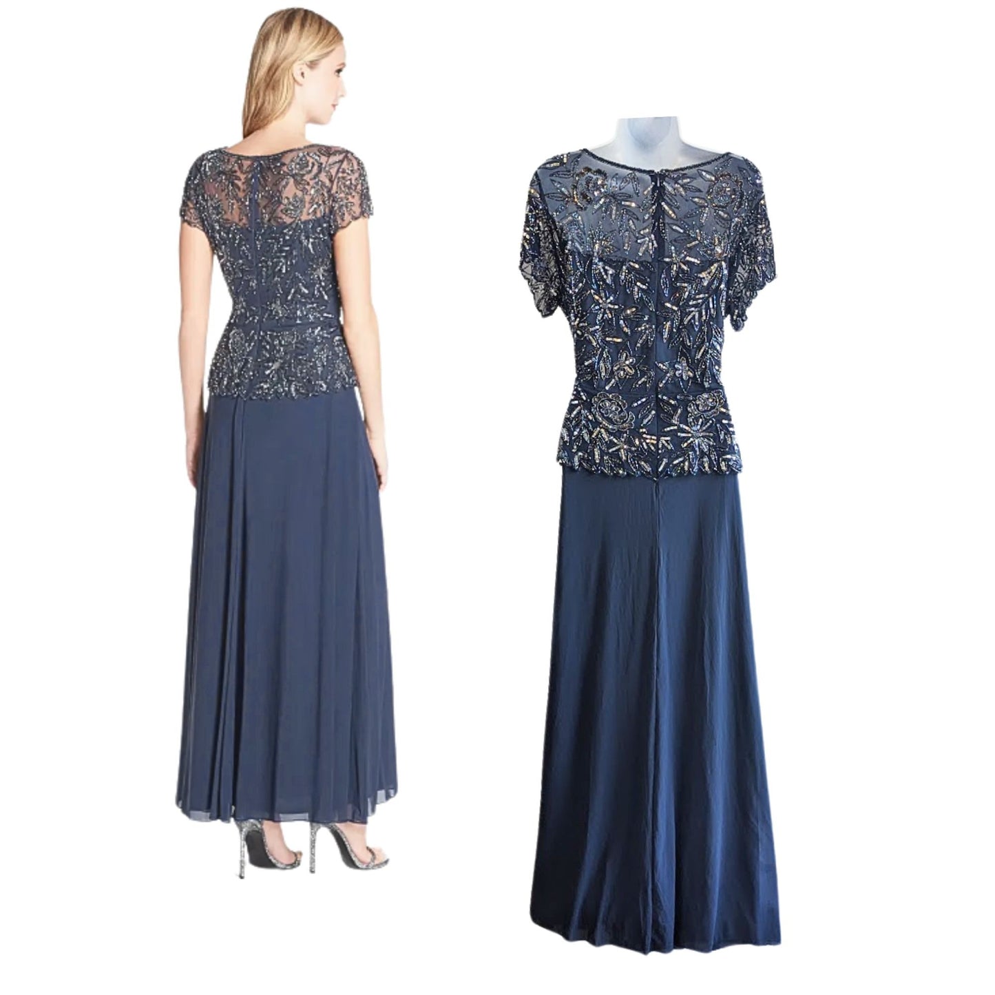NWT PISARRO NIGHTS Slate Navy Beaded Mesh Mock Two-Piece Sequined Gown Size 12