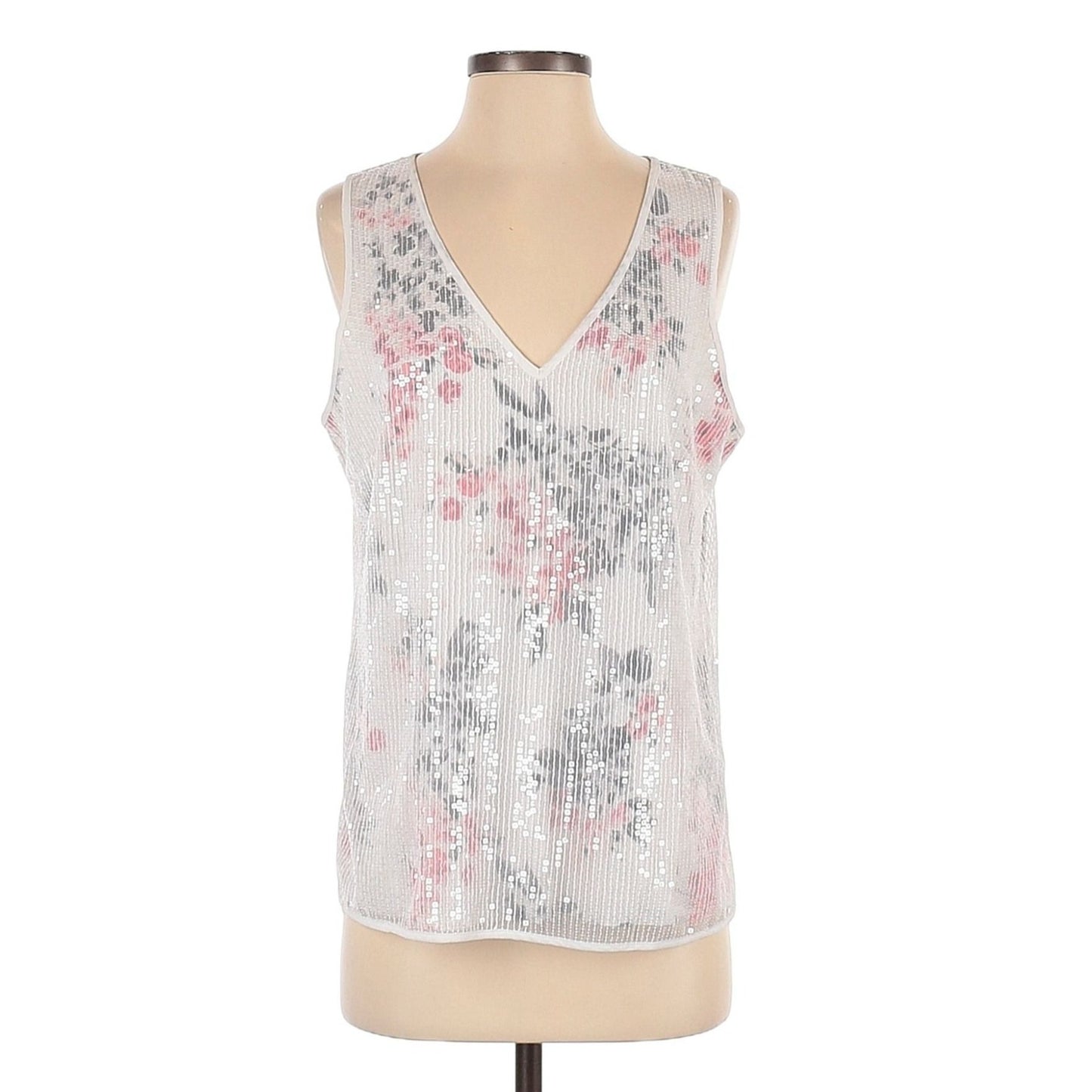 WHITE HOUSE BLACK MARKET White & Pink Floral Sequin Overlay Tank Coquette Size L