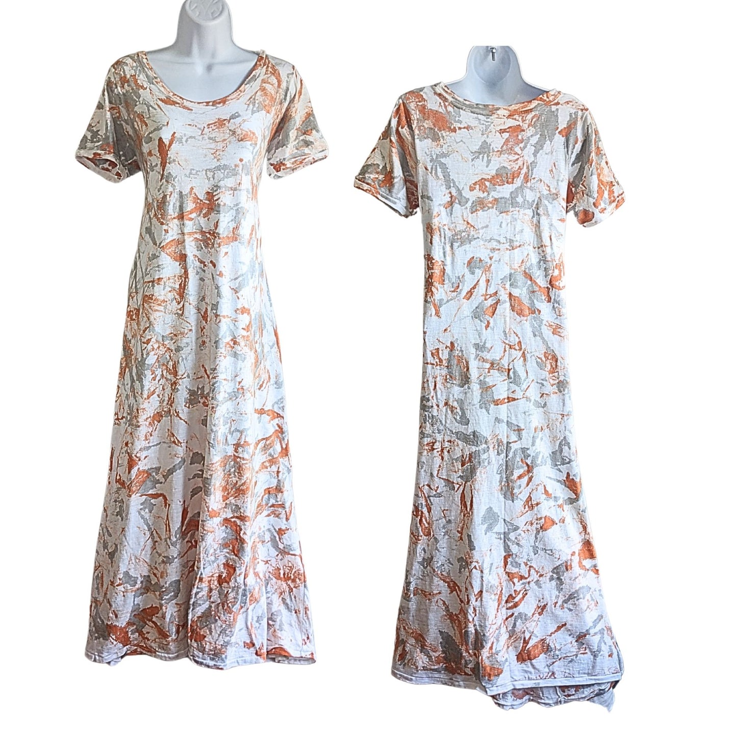 GILDA MIDANI Orange Cream & Gray Splatter Tie Dye 100% Cotton SS Maxi Dress Sz M