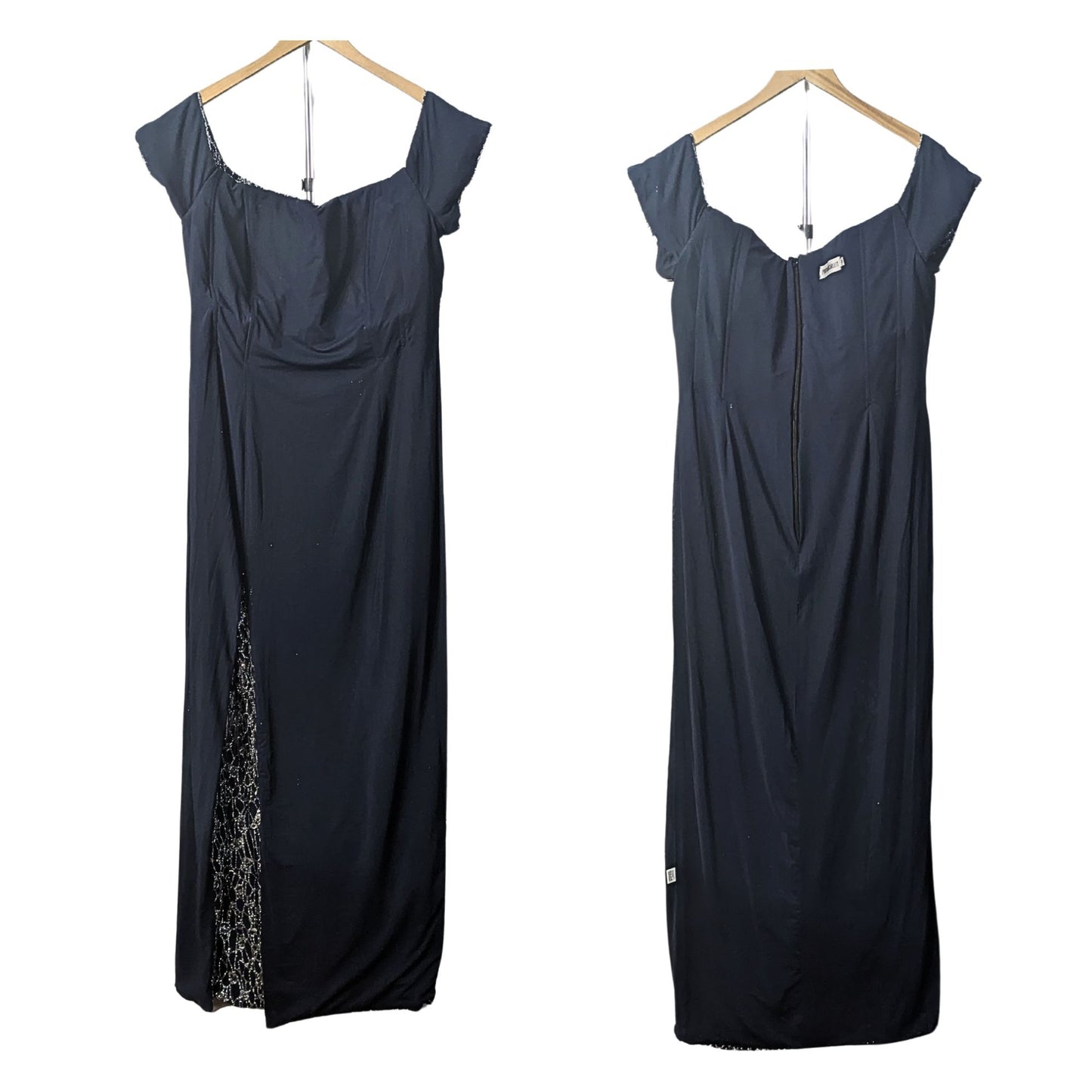 PORTIA & SCARLETT Navy Glitter Web Beaded Short Sleeve Slit Sheath Dress Size 18