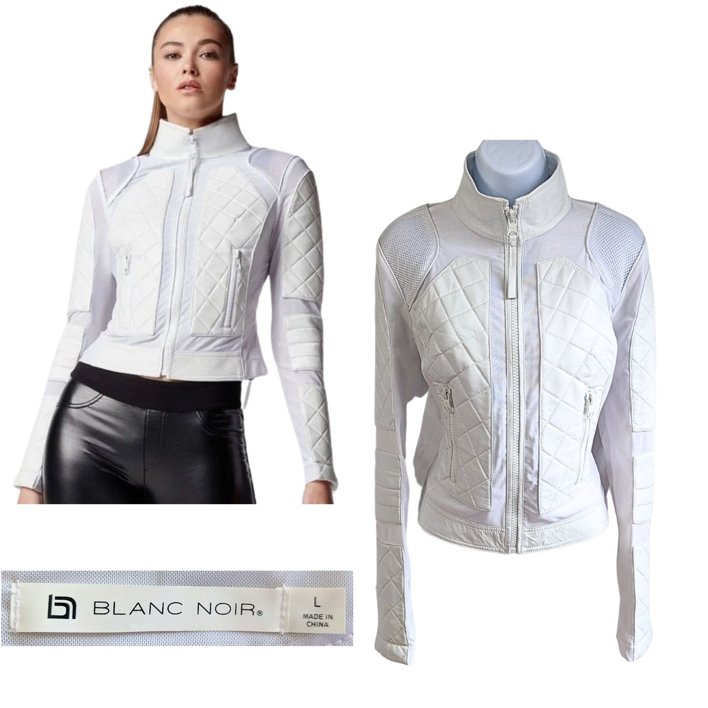 BLANC NOIR White Leather Quilted Mesh Moto Jacket w/ Phone Pocket BLJ77900 Sz L