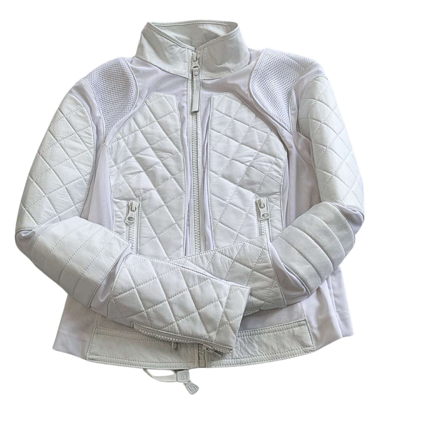BLANC NOIR White Leather Quilted Mesh Moto Jacket w/ Phone Pocket BLJ77900 Sz L