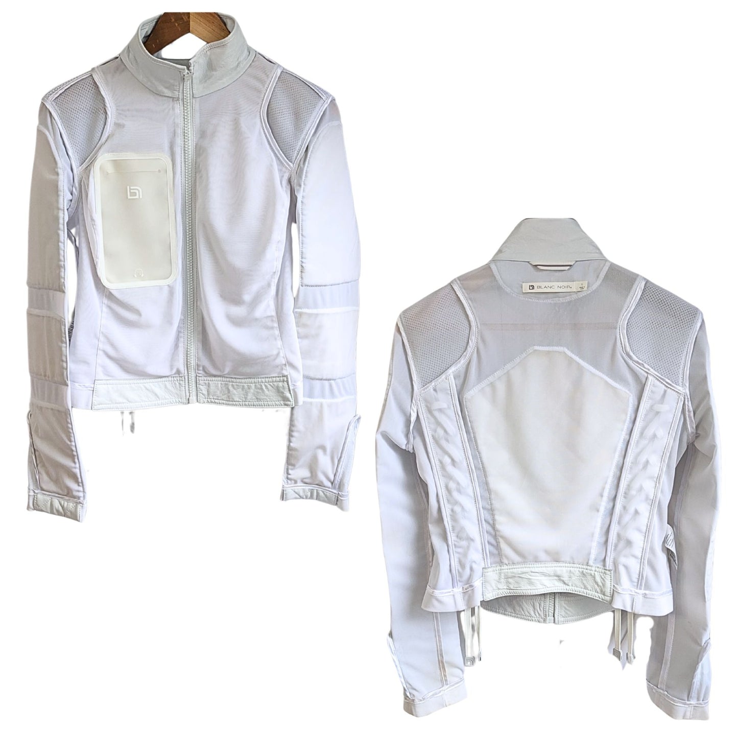 BLANC NOIR White Leather Quilted Mesh Moto Jacket w/ Phone Pocket BLJ77900 Sz L