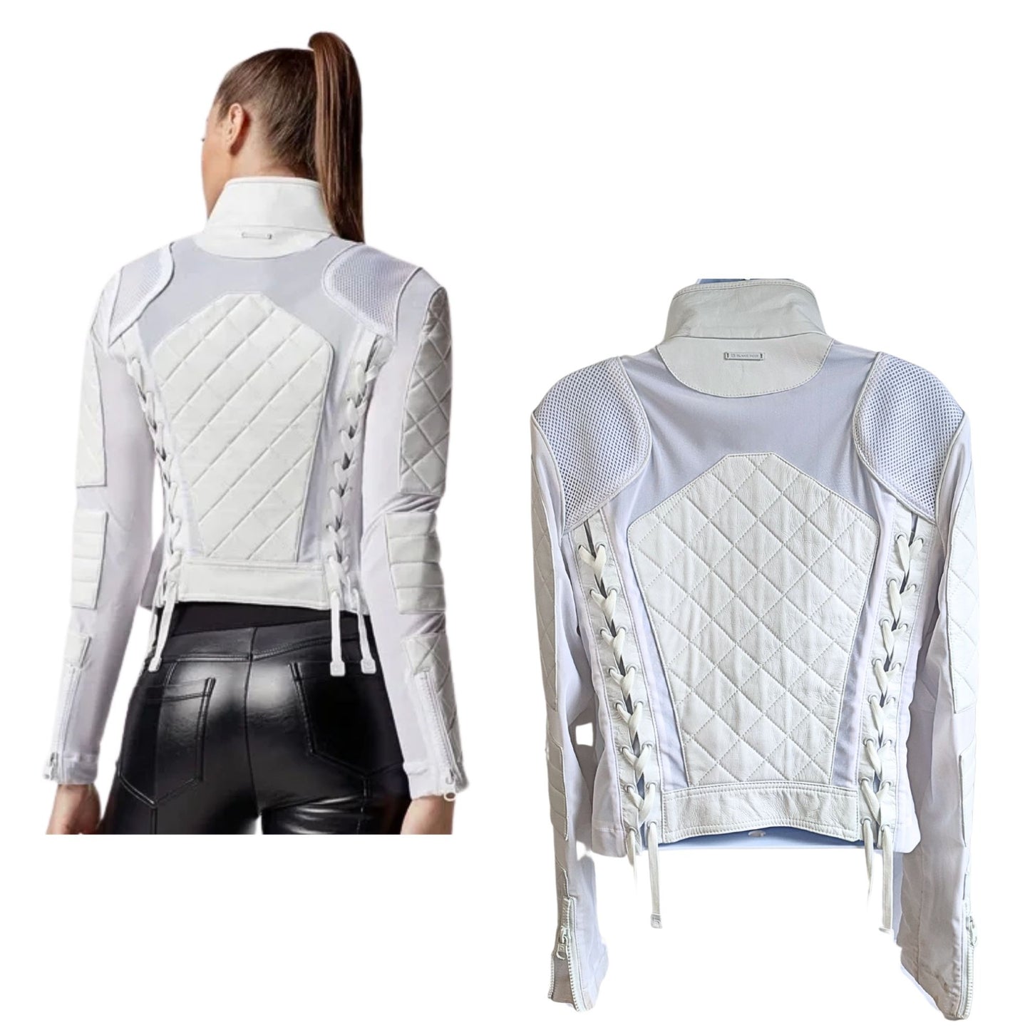 BLANC NOIR White Leather Quilted Mesh Moto Jacket w/ Phone Pocket BLJ77900 Sz L
