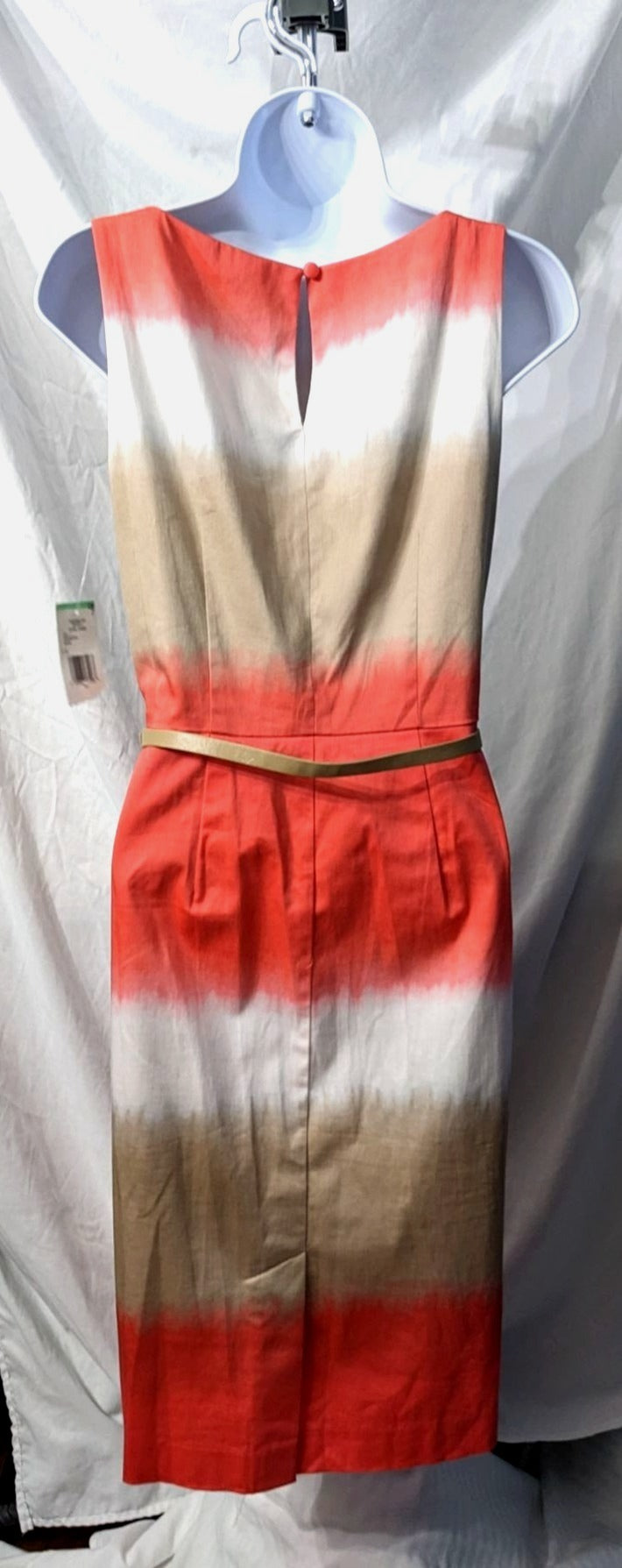 NWT NINE WEST 98% Cotton Coral Tan Belted Sheath Dress Sz 8 Sleeveless Tie Dye