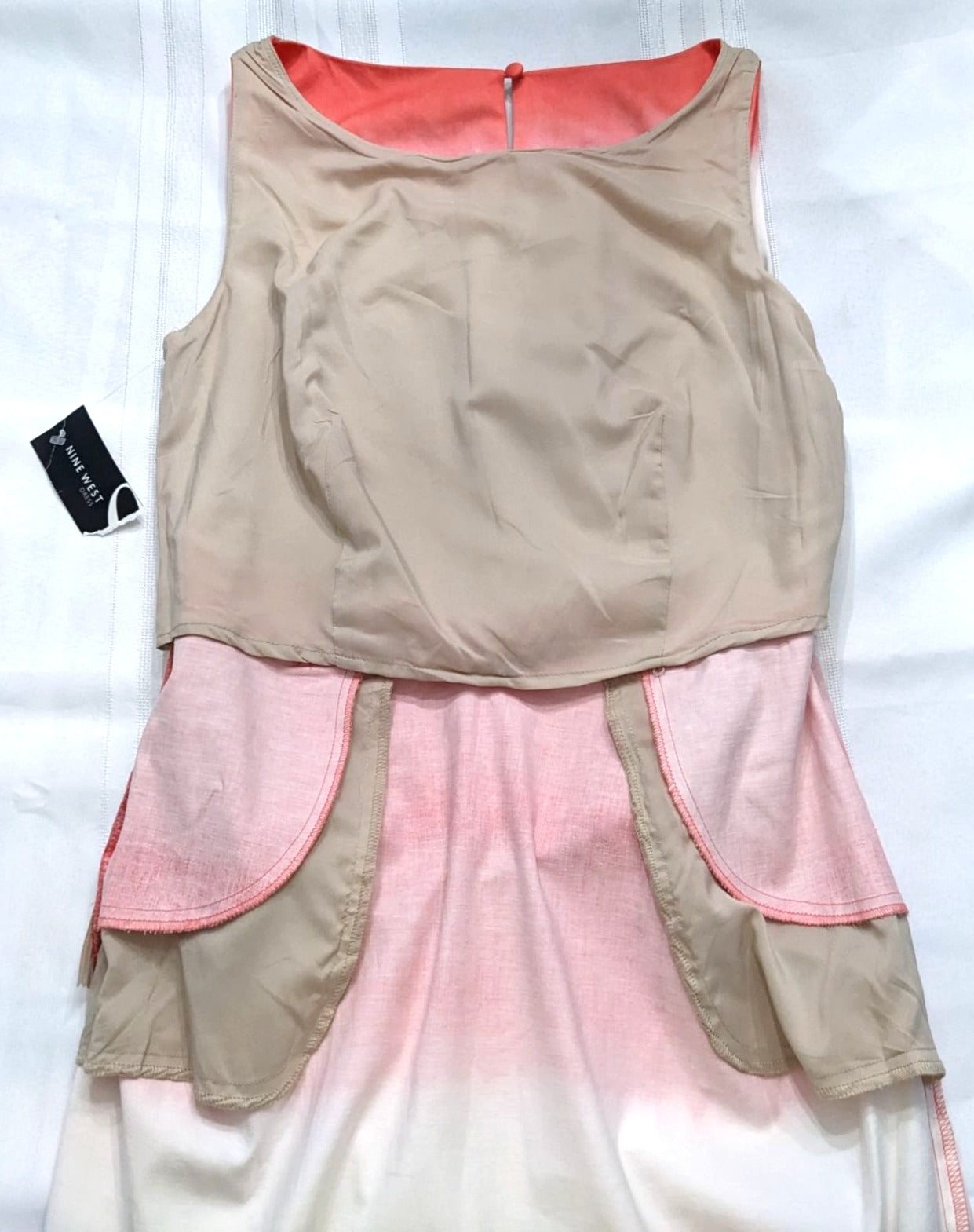 NWT NINE WEST 98% Cotton Coral Tan Belted Sheath Dress Sz 8 Sleeveless Tie Dye