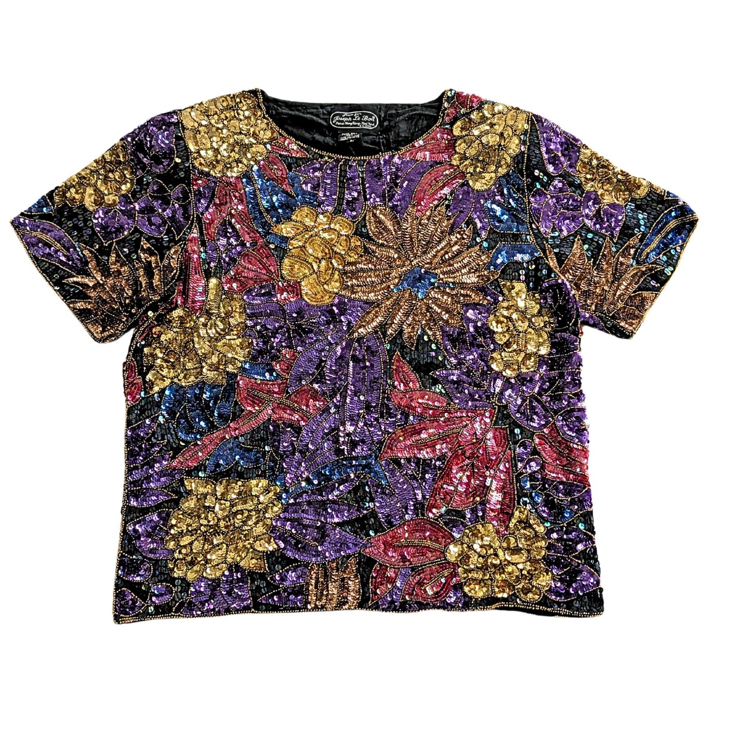 Vtg 80s Jean for JOSEPH LE BON 100% Silk Gold Purple SS Beaded Evening Top Sz L