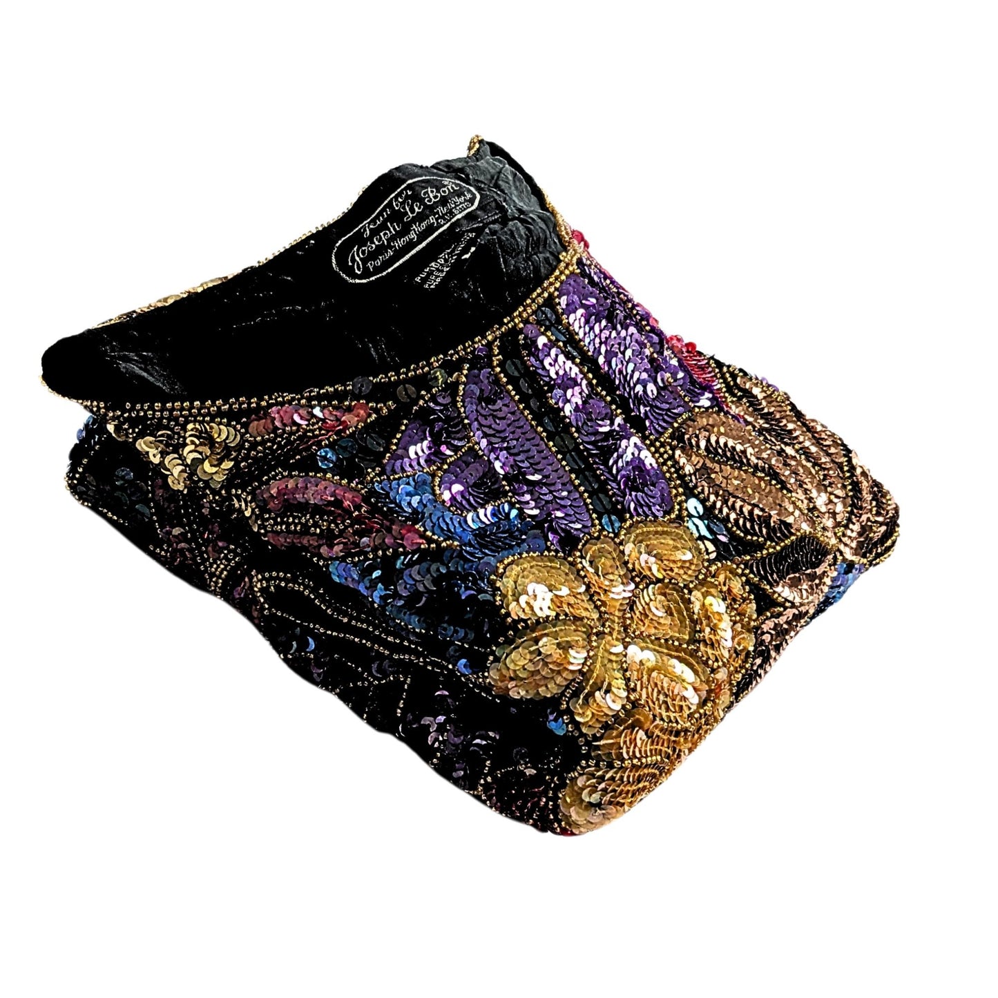 Vtg 80s Jean for JOSEPH LE BON 100% Silk Gold Purple SS Beaded Evening Top Sz L