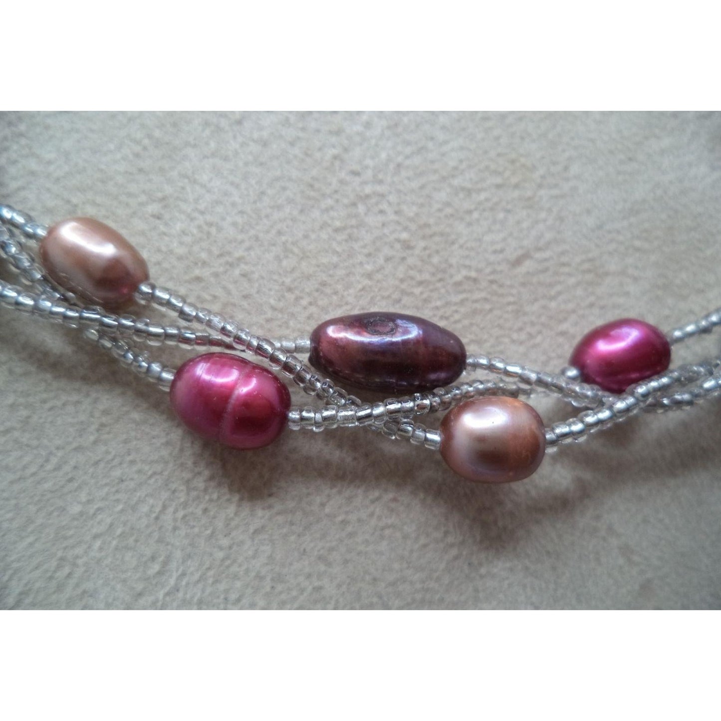 Soft Pink and Purple Beaded Triple Strand Necklace with Silver Magnetic Clasp