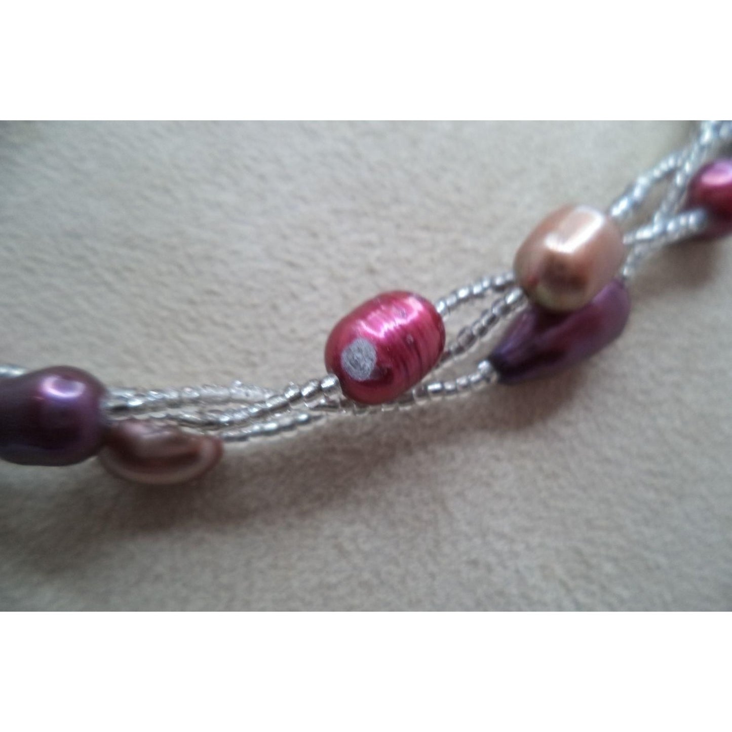 Soft Pink and Purple Beaded Triple Strand Necklace with Silver Magnetic Clasp