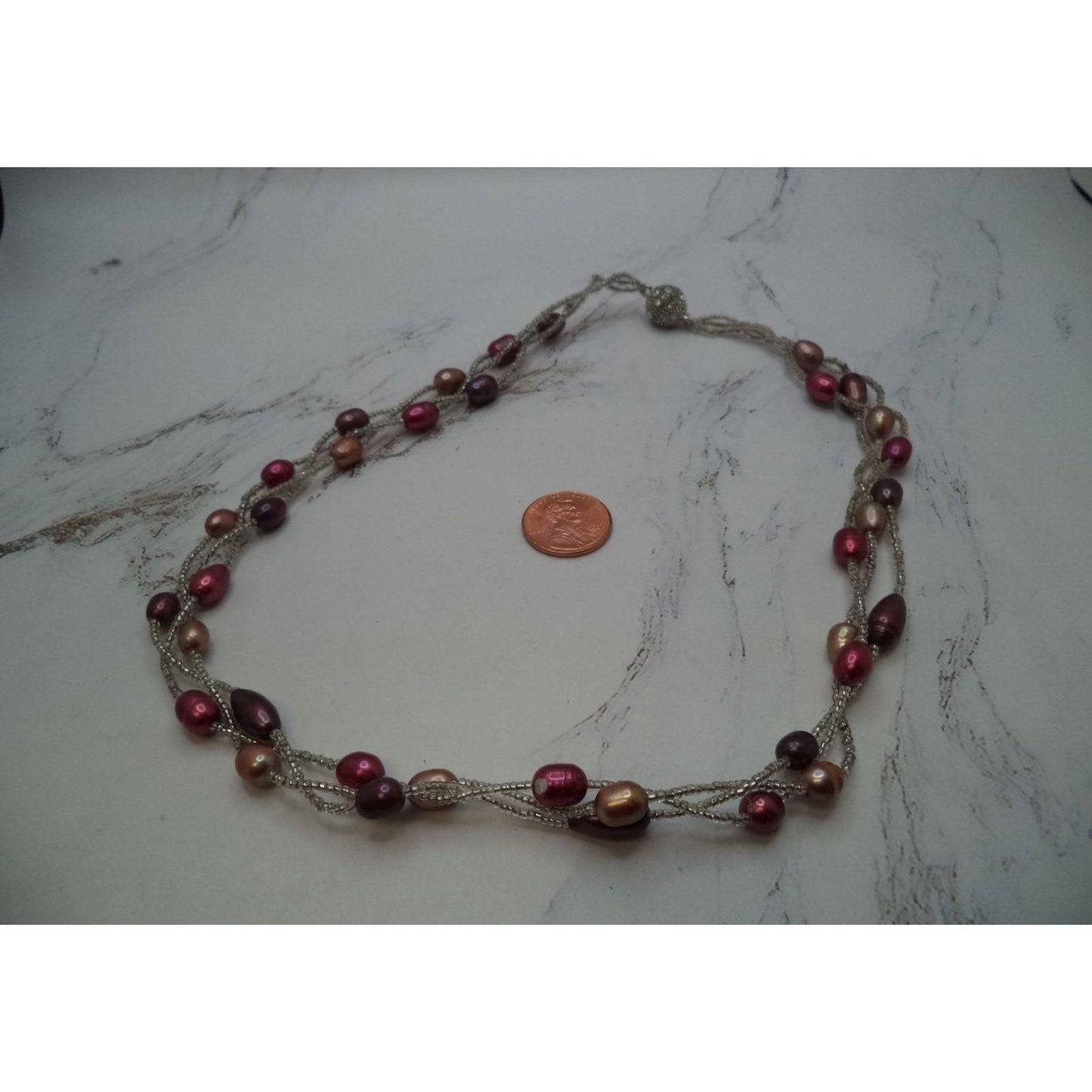 Soft Pink and Purple Beaded Triple Strand Necklace with Silver Magnetic Clasp