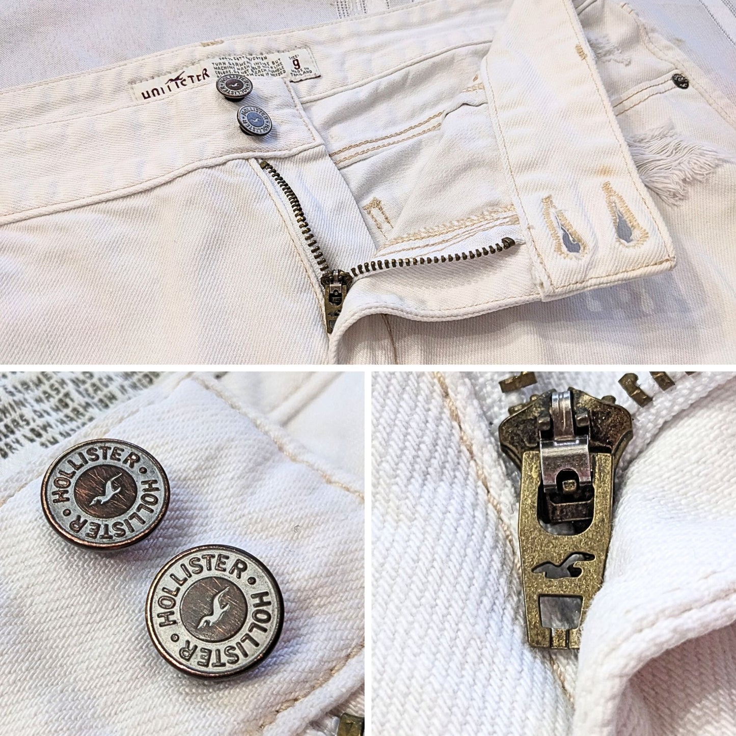Vintage Y2K HOLLISTER Distressed Low Rise Raw Hem Cream Denim Mini Skirt Size 9