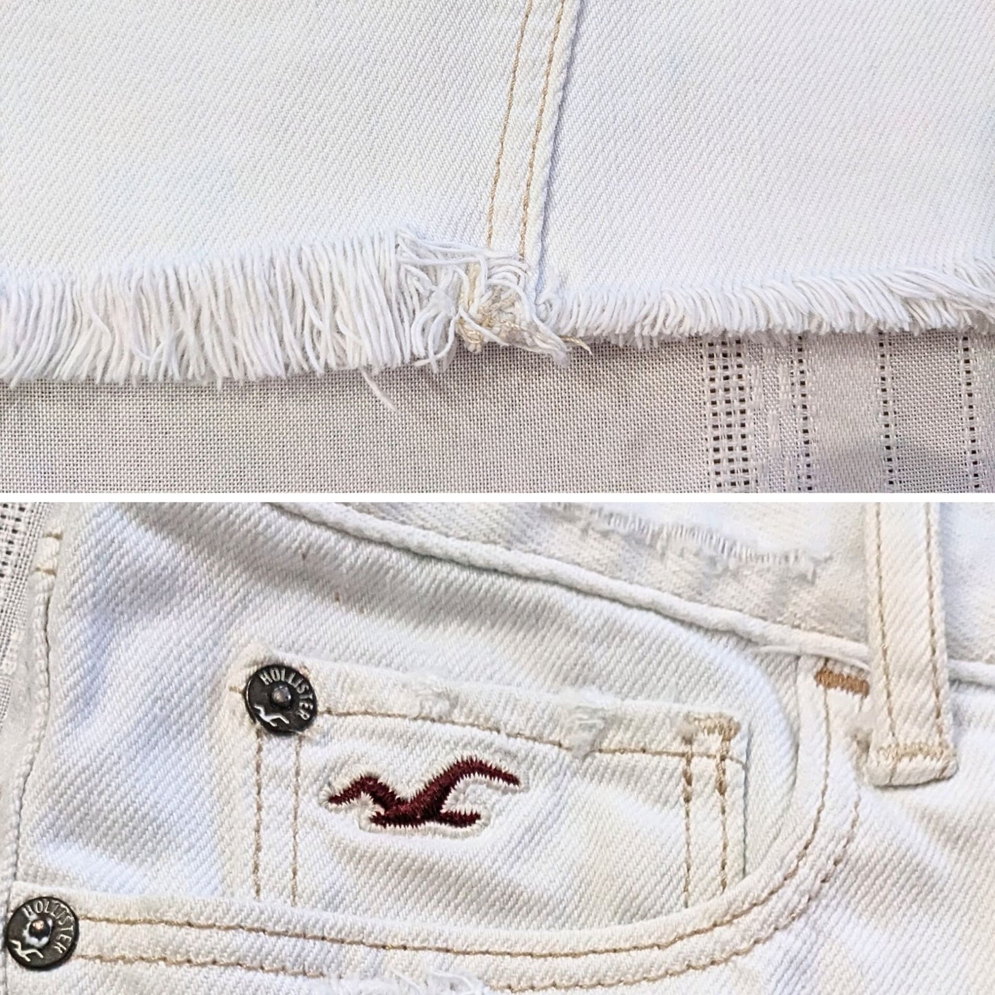 Vintage Y2K HOLLISTER Distressed Low Rise Raw Hem Cream Denim Mini Skirt Size 9