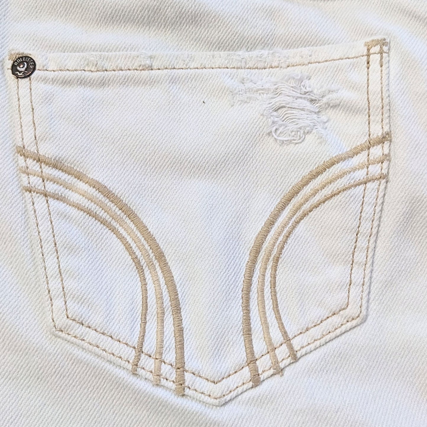Vintage Y2K HOLLISTER Distressed Low Rise Raw Hem Cream Denim Mini Skirt Size 9