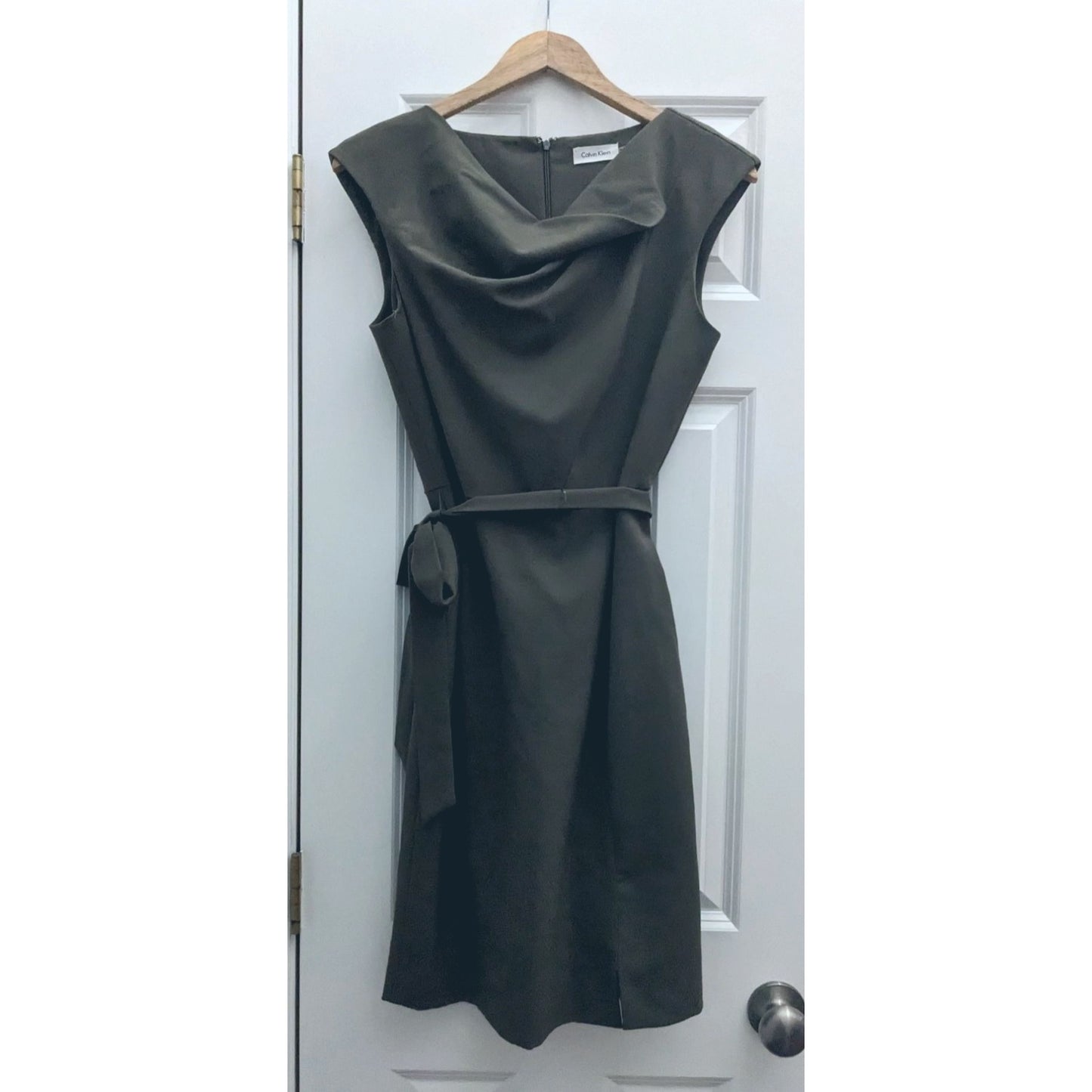 CALVIN KLEIN Army Green Pencil Sheath Dress Sleeveless Waist Tie Size 6
