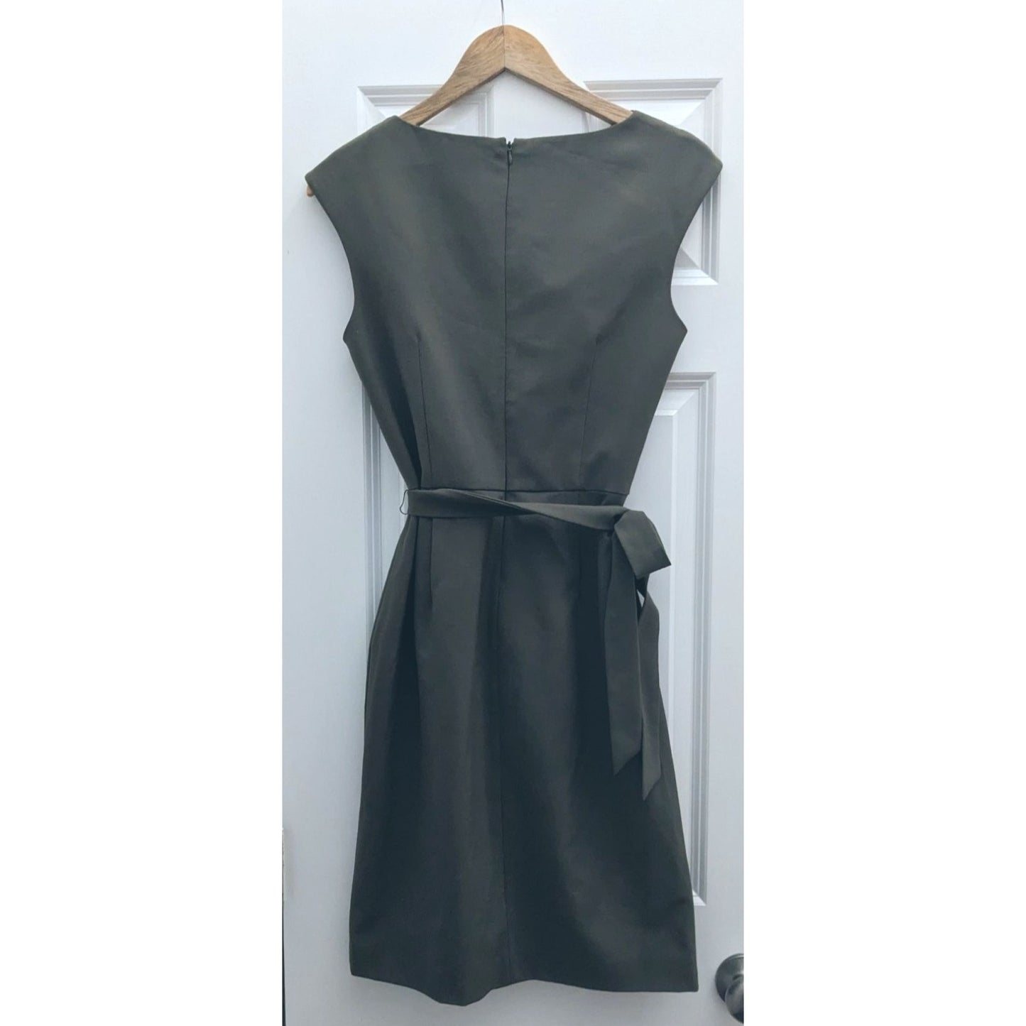 CALVIN KLEIN Army Green Pencil Sheath Dress Sleeveless Waist Tie Size 6