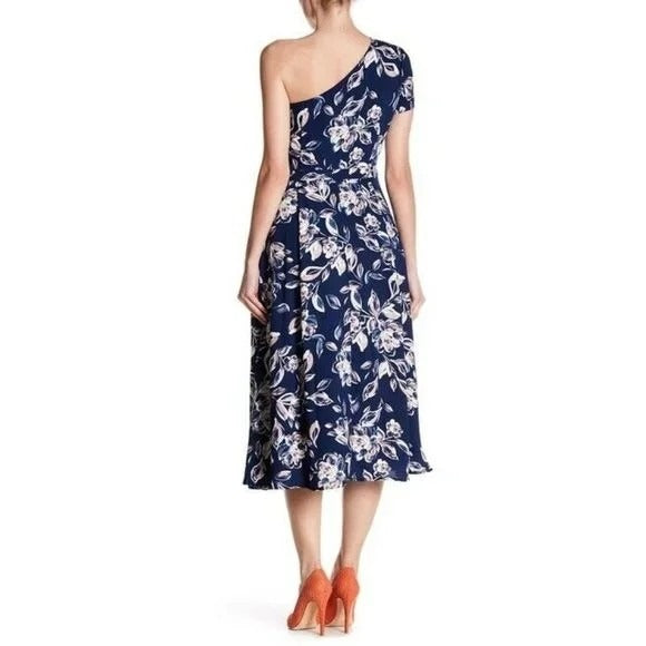 CHARLES HENRY Blue One Shoulder Dress Floral Midi Lined Size XS