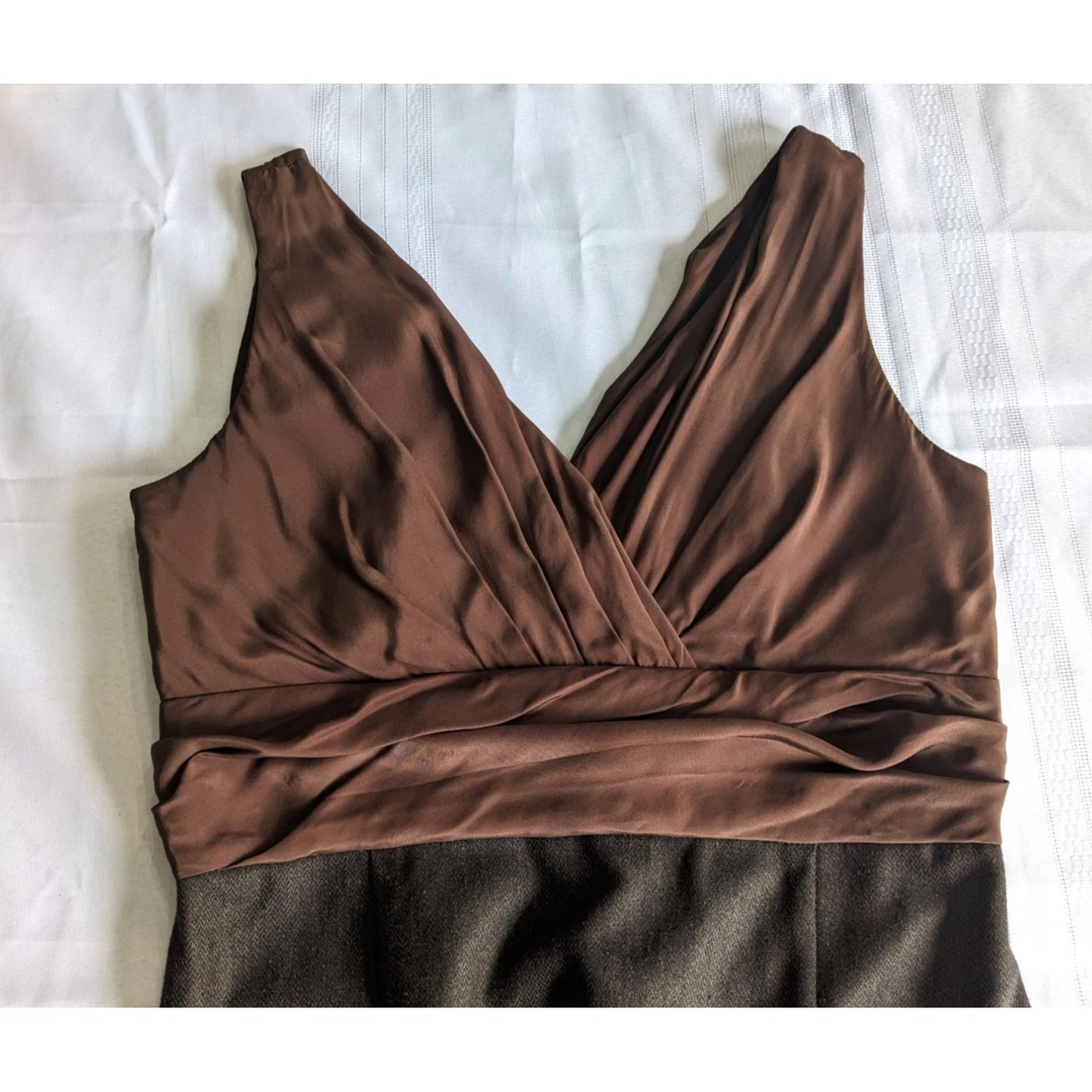 Anthropologie HUTCH Brown Sleeveless Silk Midi Dress Herringbone V-Neck Size 10
