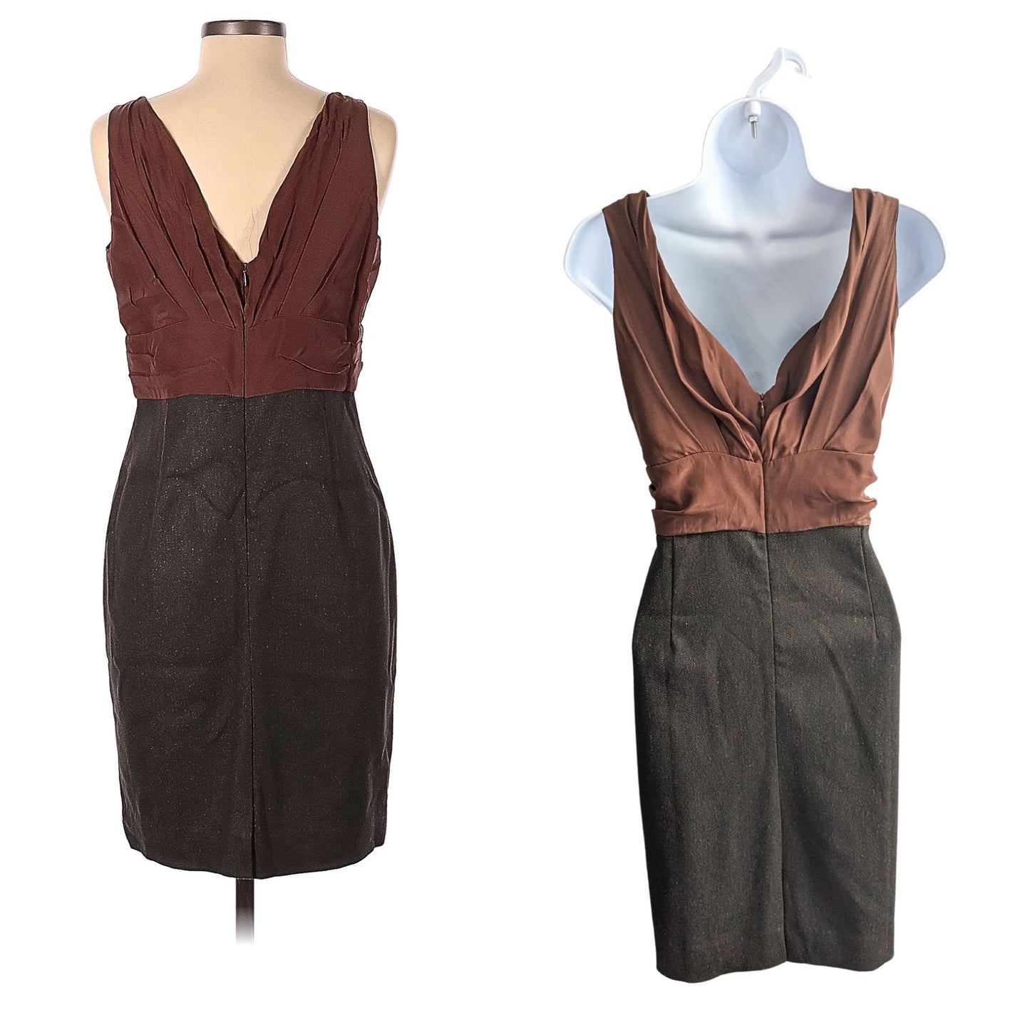 Anthropologie HUTCH Brown Sleeveless Silk Midi Dress Herringbone V-Neck Size 10
