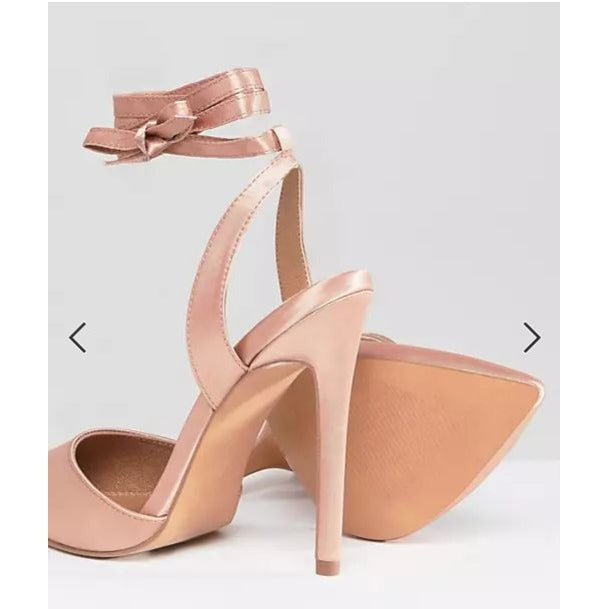 ASOS Pied Piper Ankle Wrap Heels in Warm Beige Satin Size 4