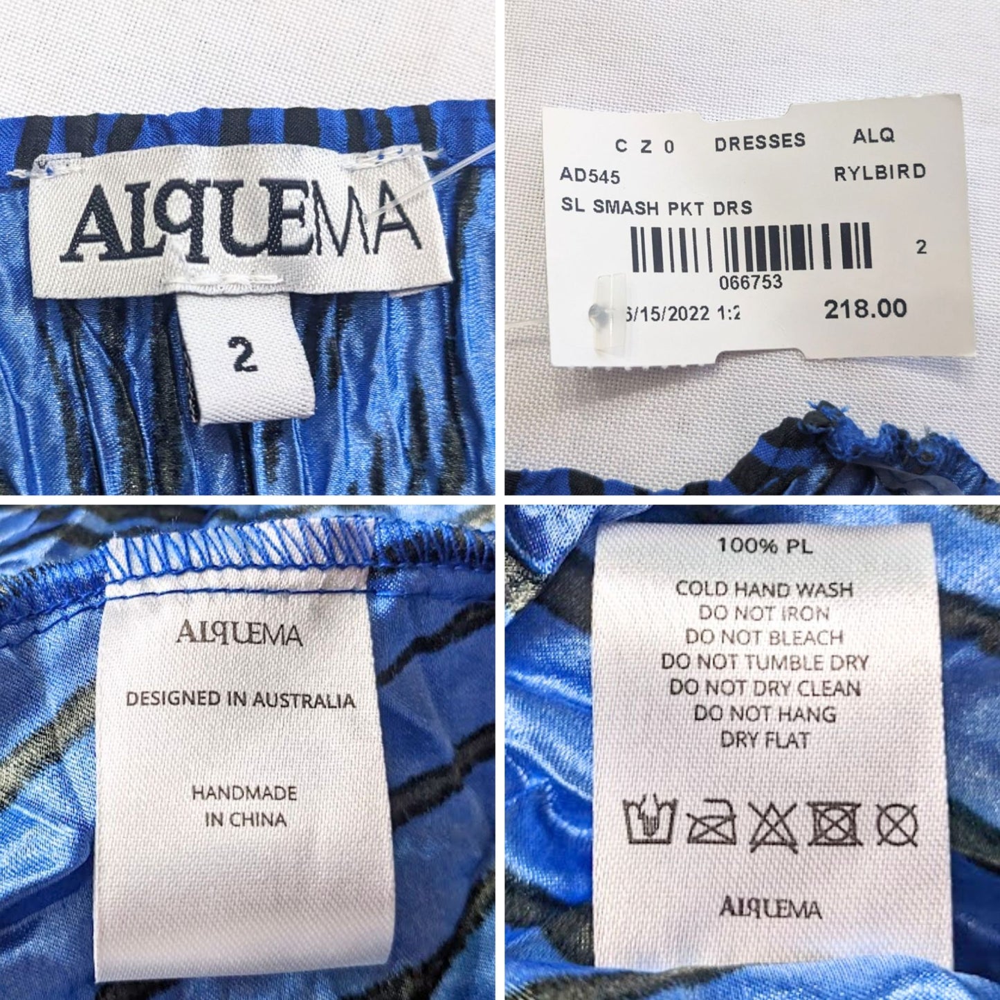 NWT ALQUEMA Blue Black Royal Bird Smash Pocket Travel Midi Dress Size 2/Large