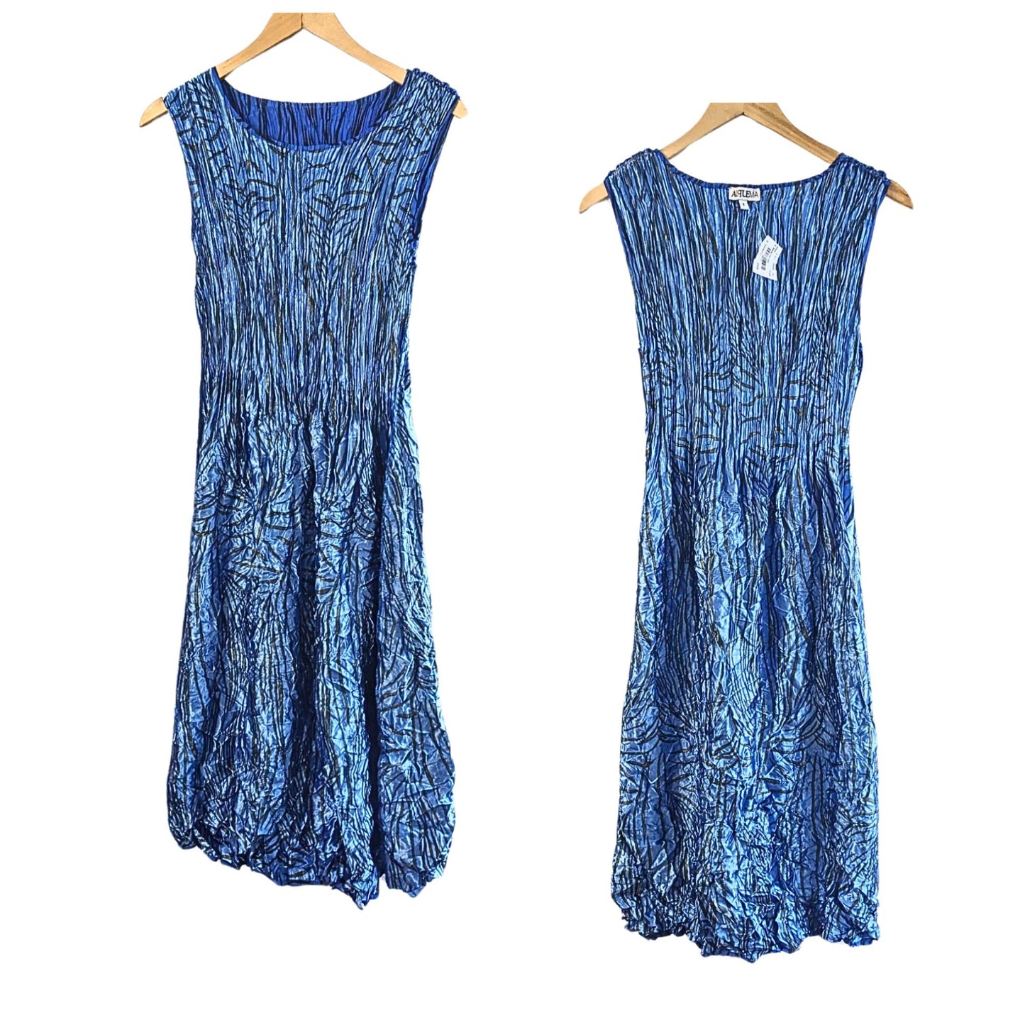 NWT ALQUEMA Blue Black Royal Bird Smash Pocket Travel Midi Dress Size 2/Large