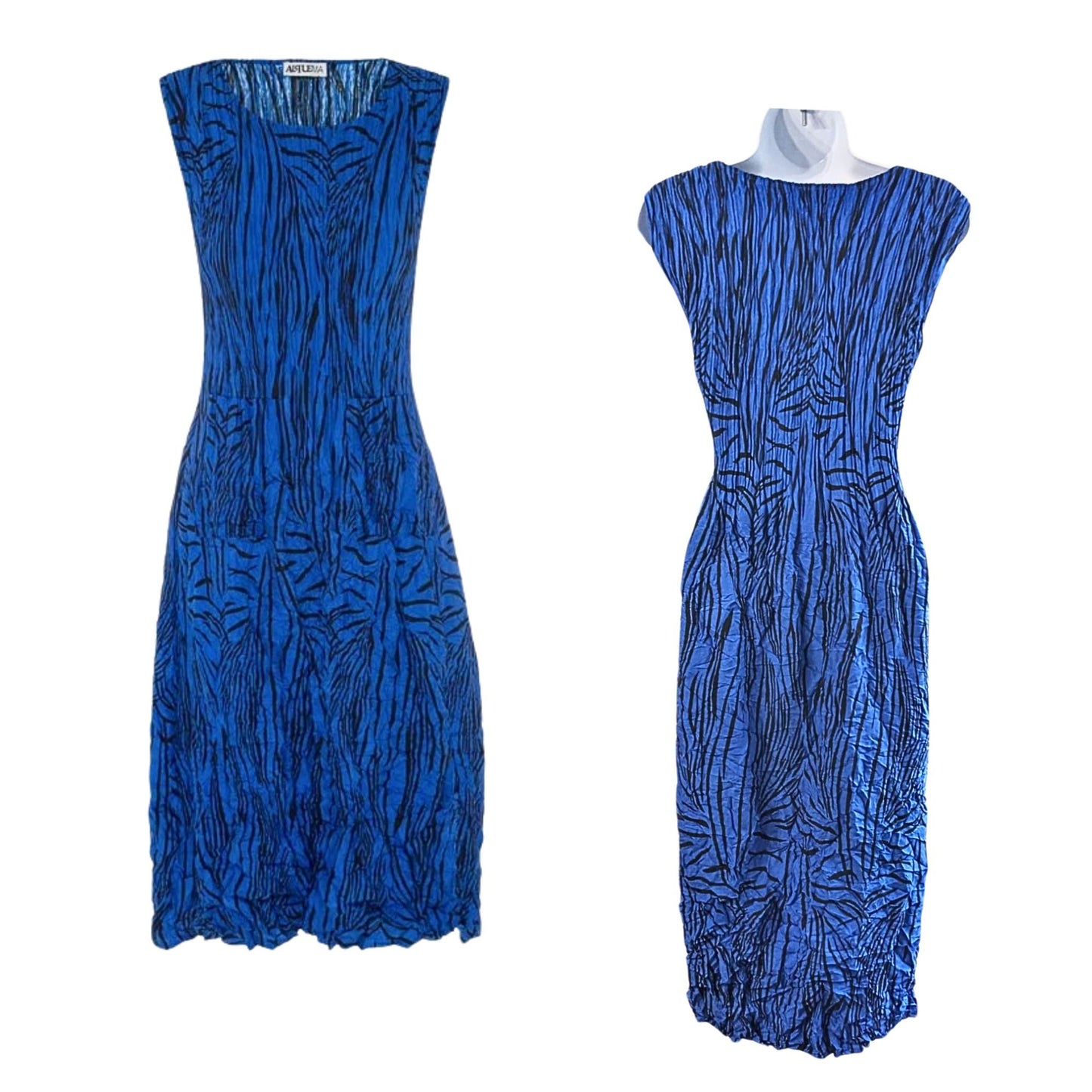 NWT ALQUEMA Blue Black Royal Bird Smash Pocket Travel Midi Dress Size 2/Large