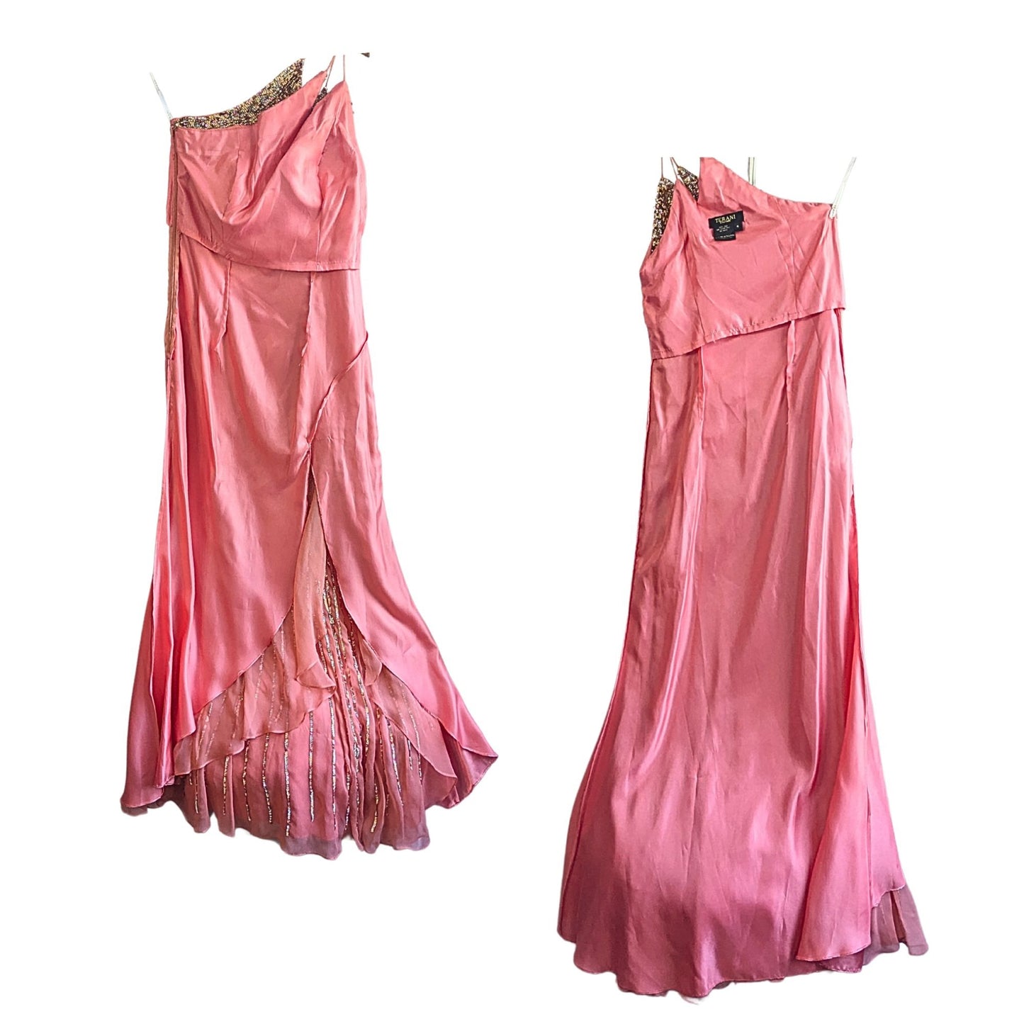 TERANI 100% Silk Coral Sand Mermaid Asymmetric Sequin Pageant/Prom Gown Size 6