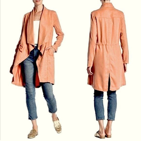 MAX JEANS 100% Tencel Soft Apricot Duster Jacket Drawcord Drape w/Pockets Size L