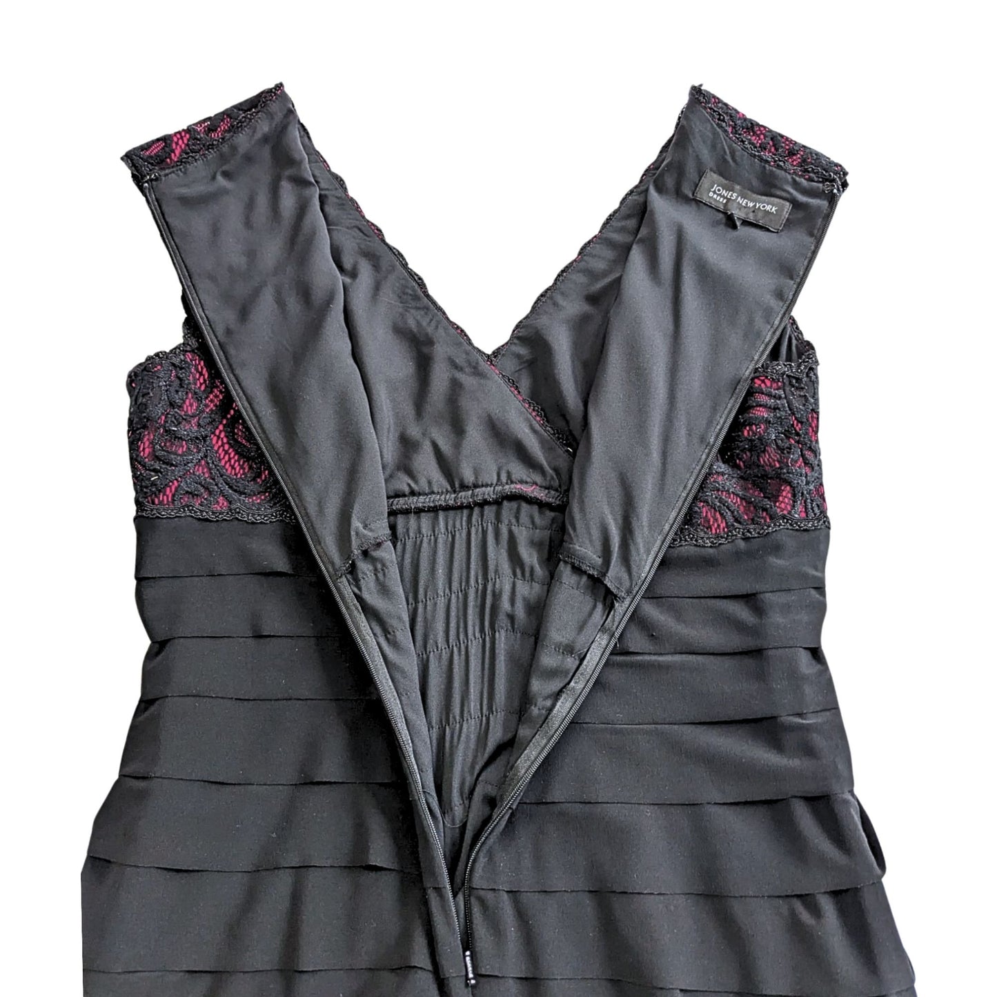 JONES NEW YORK Whimsygoth Black Pink Pleated Lace Masquerade Sheath Dress Sz 10