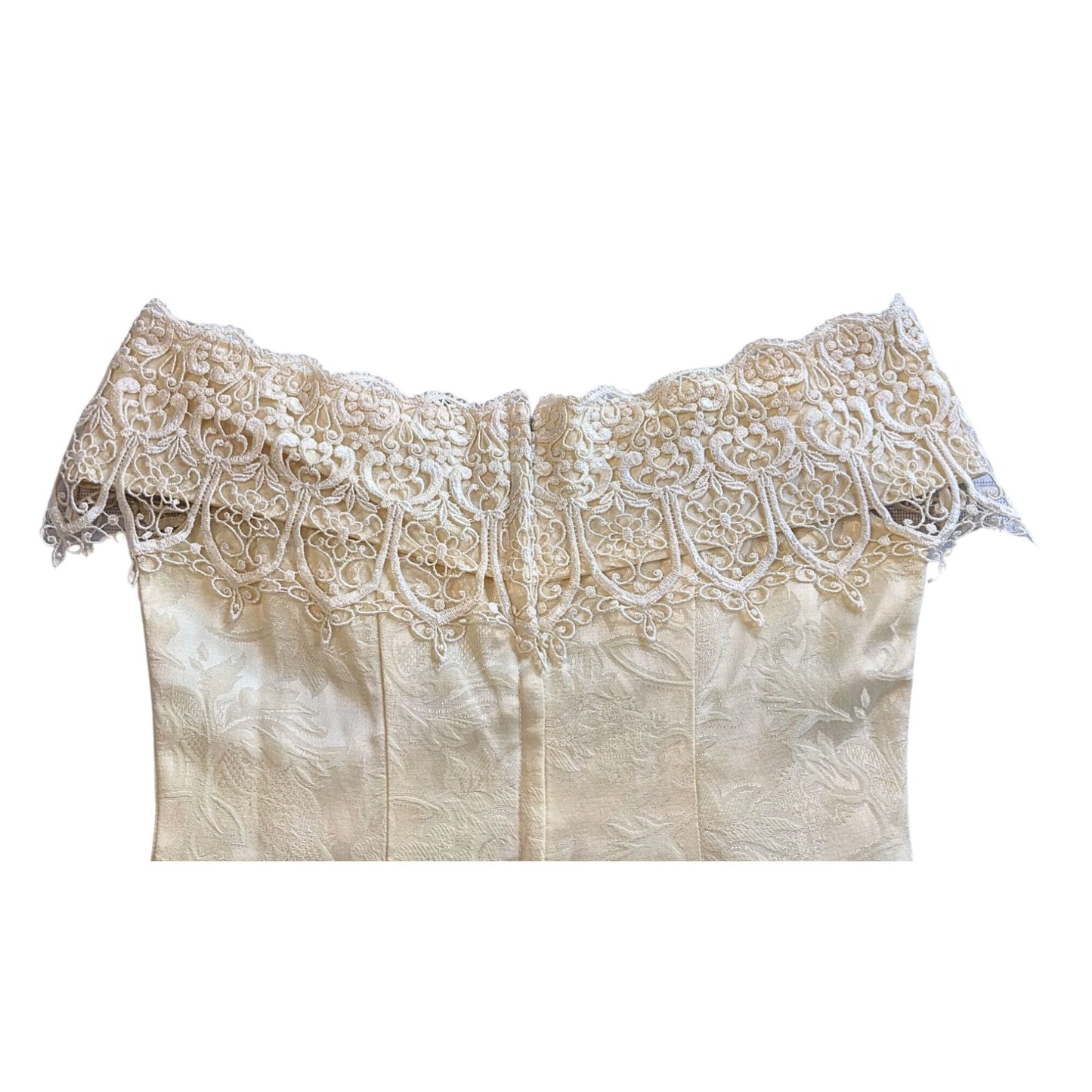 Vintage 80s LORALIE Ivory Romanian Macramé Lace Damask Wedding Sheath Dress Sz12
