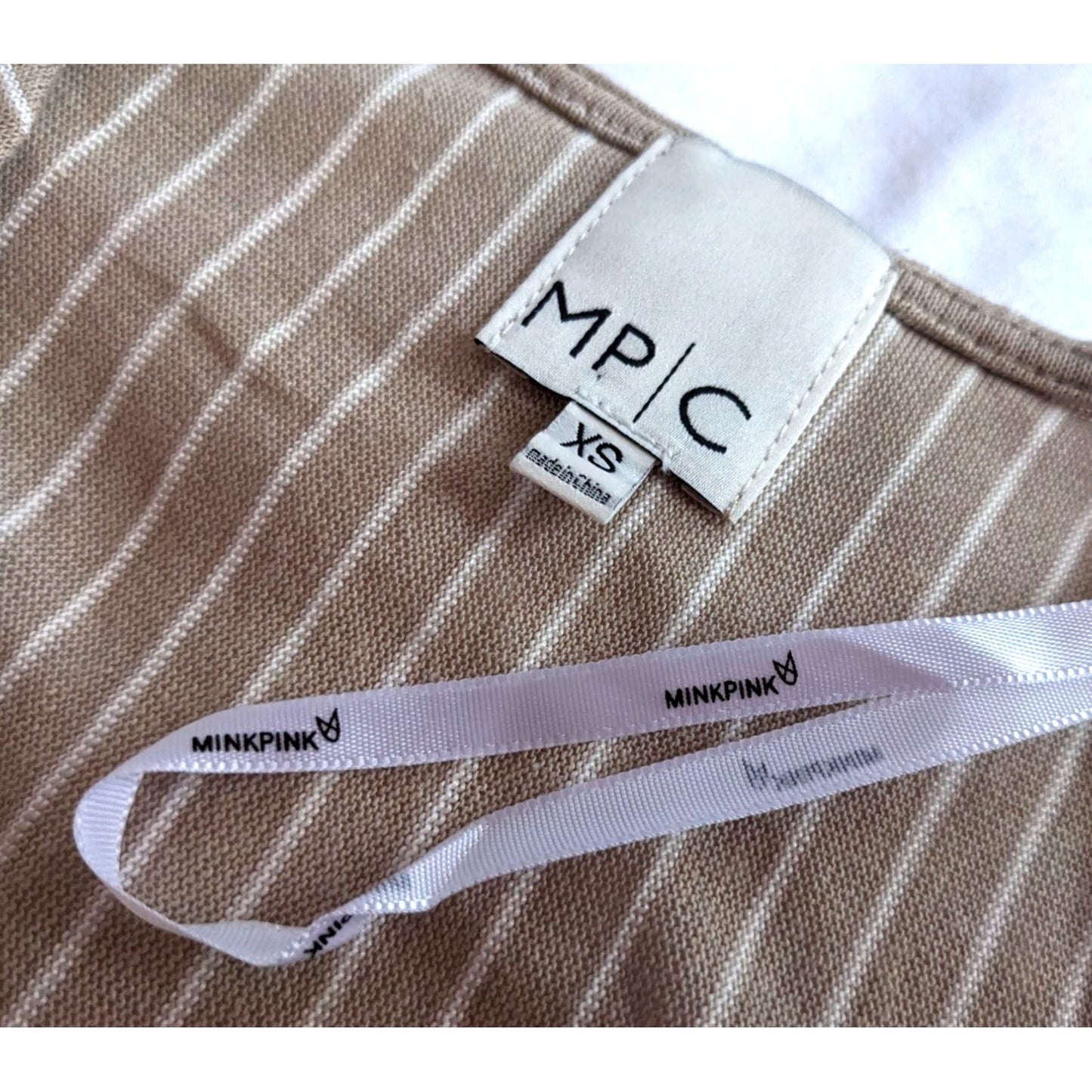 MINKPINK Tan Striped Twist Front Dress Short Sleeves Size XS