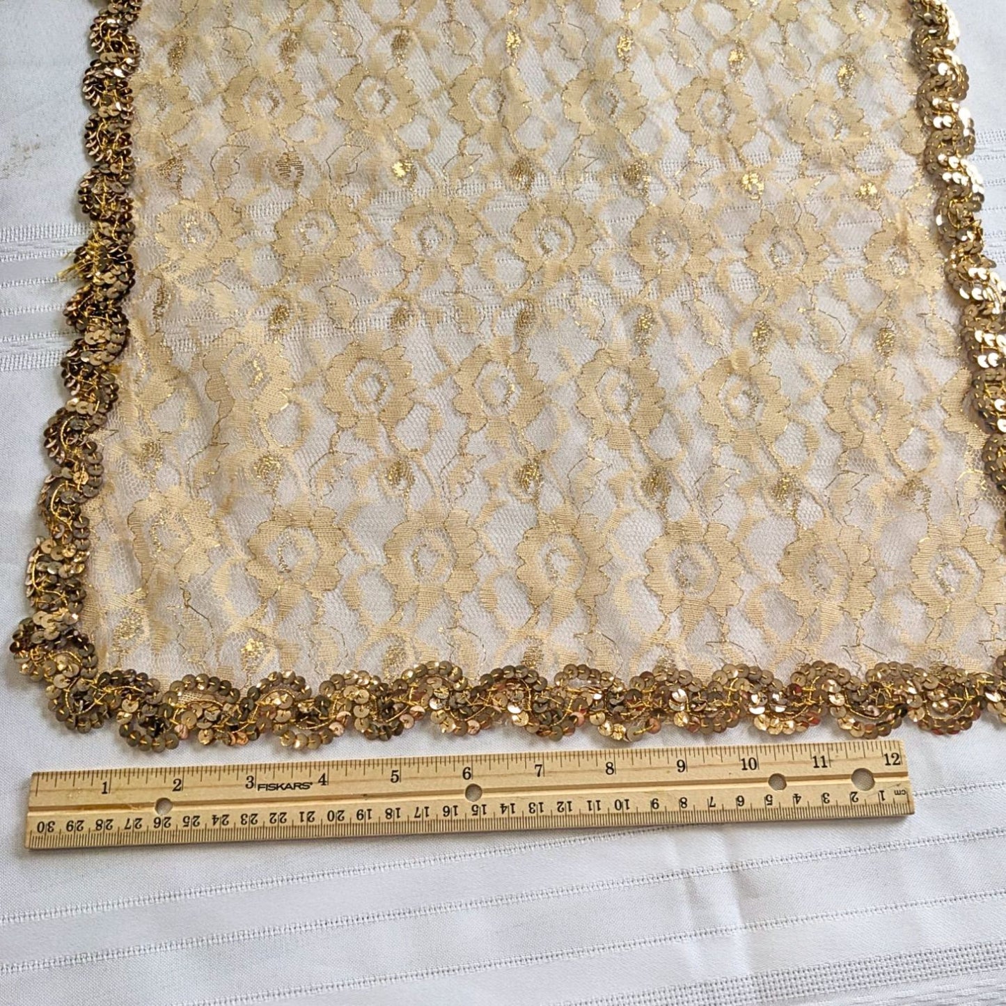 Vintage 70s ALFRED LABATON Gold Chantilly Lace Sequin Embroidered 62x16" Shawl