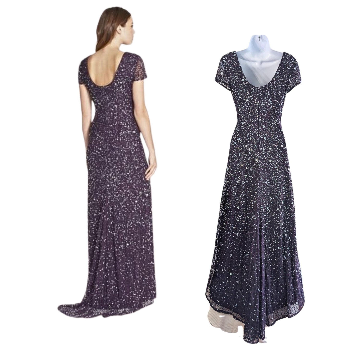 NWT ADRIANNA PAPELL Amethyst Scoop Back All Over Sequin Cap Sleeve Gown Size 4P