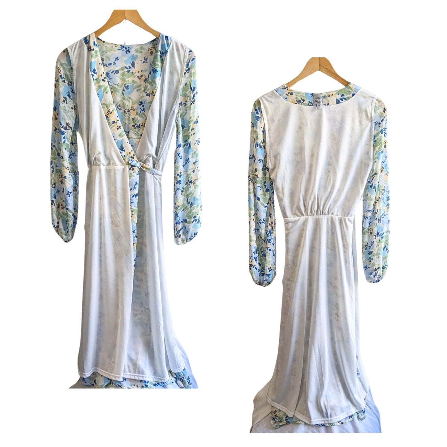 Anthropologie ICHI Adiline Cream Blue Floral Chiffon Wrap Midi Dress Size 34/6