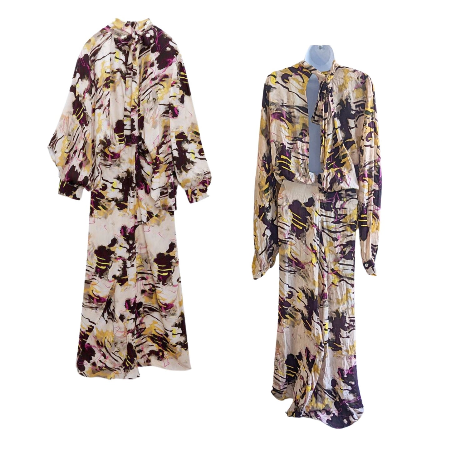NWT ZARA High Neck Long Sleeve Peach Brown Violet Printed Midi Dress Size XL