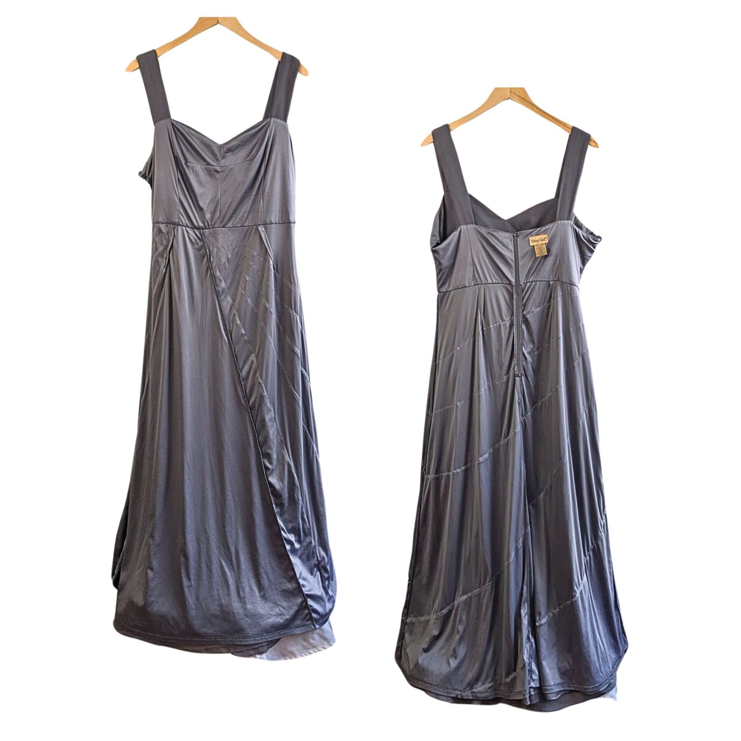 MIDNIGHT VELVET Nicoletta Smoky Gray Sequin Chiffon Satin Waterfall Gown Size 16