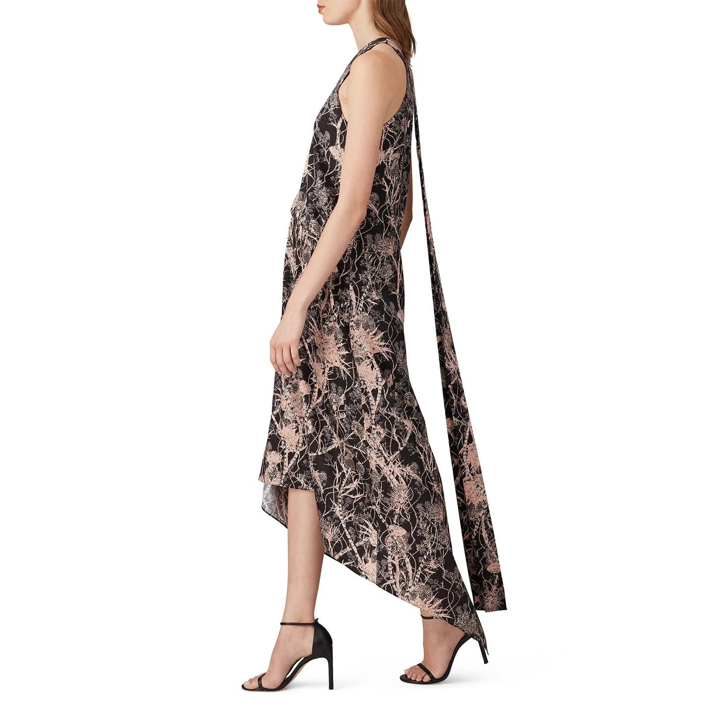 NWOT CEDRIC CHARLIER Black & Peach Thistle Print High-Lo Midi Dress Size 36/2